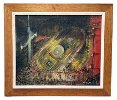 Peinture à l'huile abstraite américaine du milieu du siècle signée Cadre en châtaignier vermoulu