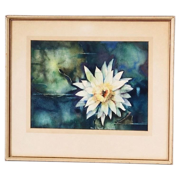 Acquerello botanico “Ninfea” in stile Mid-Century Modern, firmato