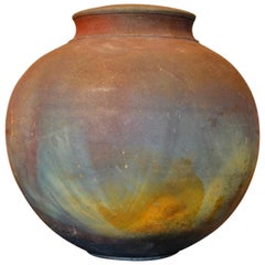 Vintage Signed Mid-Century Modern Brown, Blue and Beige American Raku Vase, Vessel, Urn
