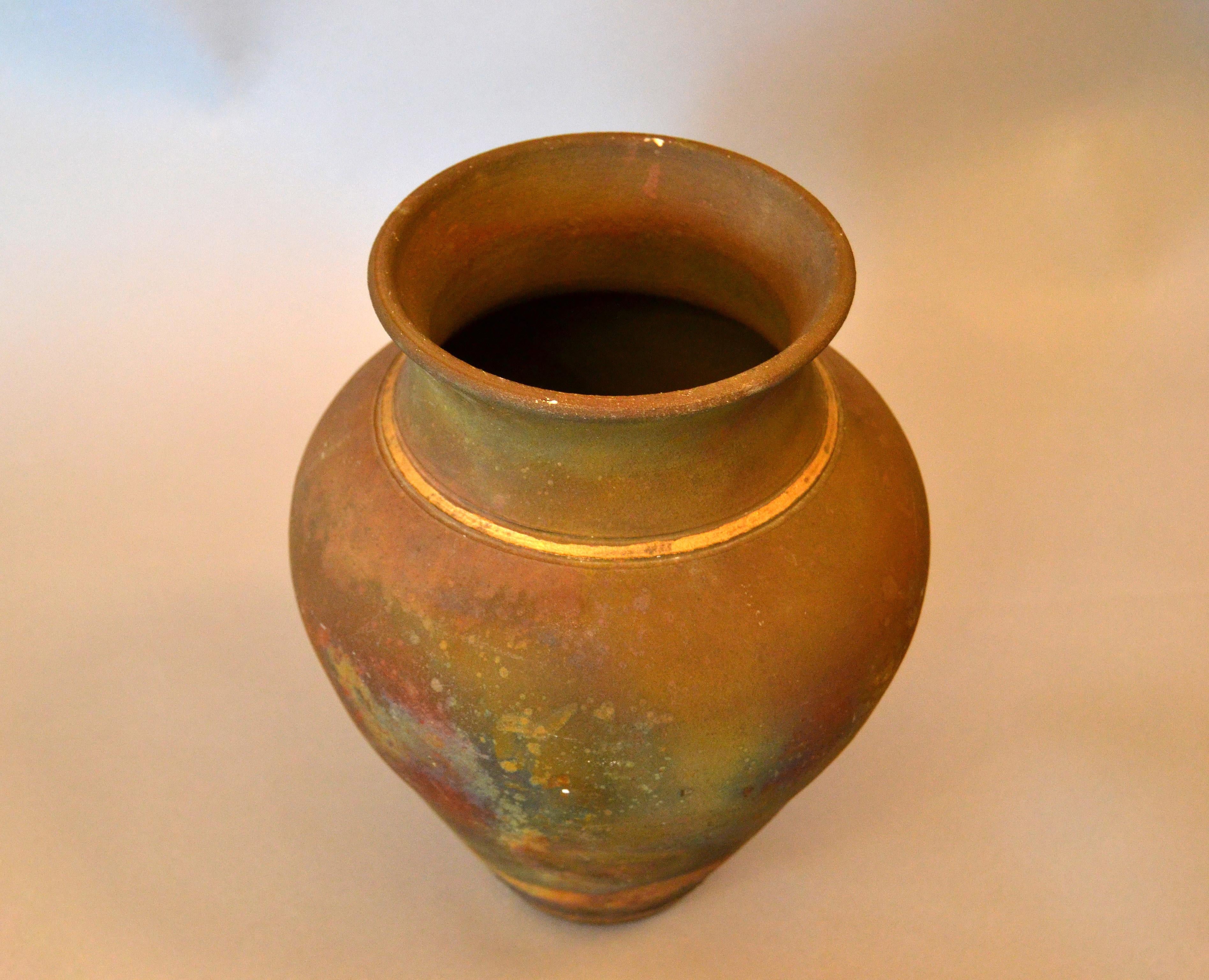 Glazed Signed Mid-Century Modern Brown, Blue and Gold American Raku Vase, Vessel, Urn