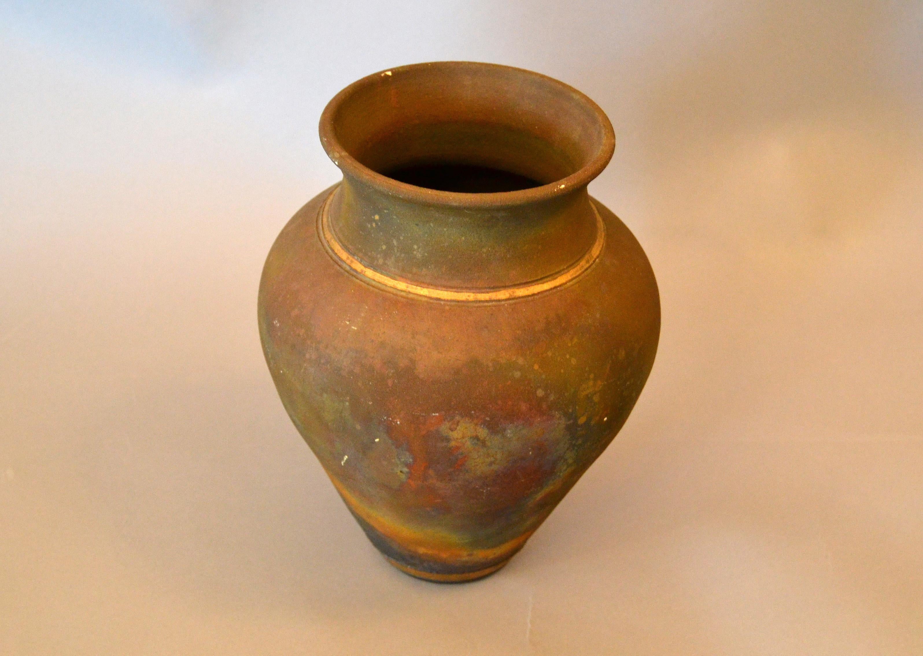 Signed Mid-Century Modern Brown, Blue and Gold American Raku Vase, Vessel, Urn In Good Condition In Miami, FL