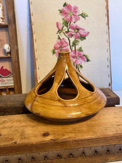 Signed Mid Century Modern Ceramic Vase With Water Drop Shaped Cutouts.