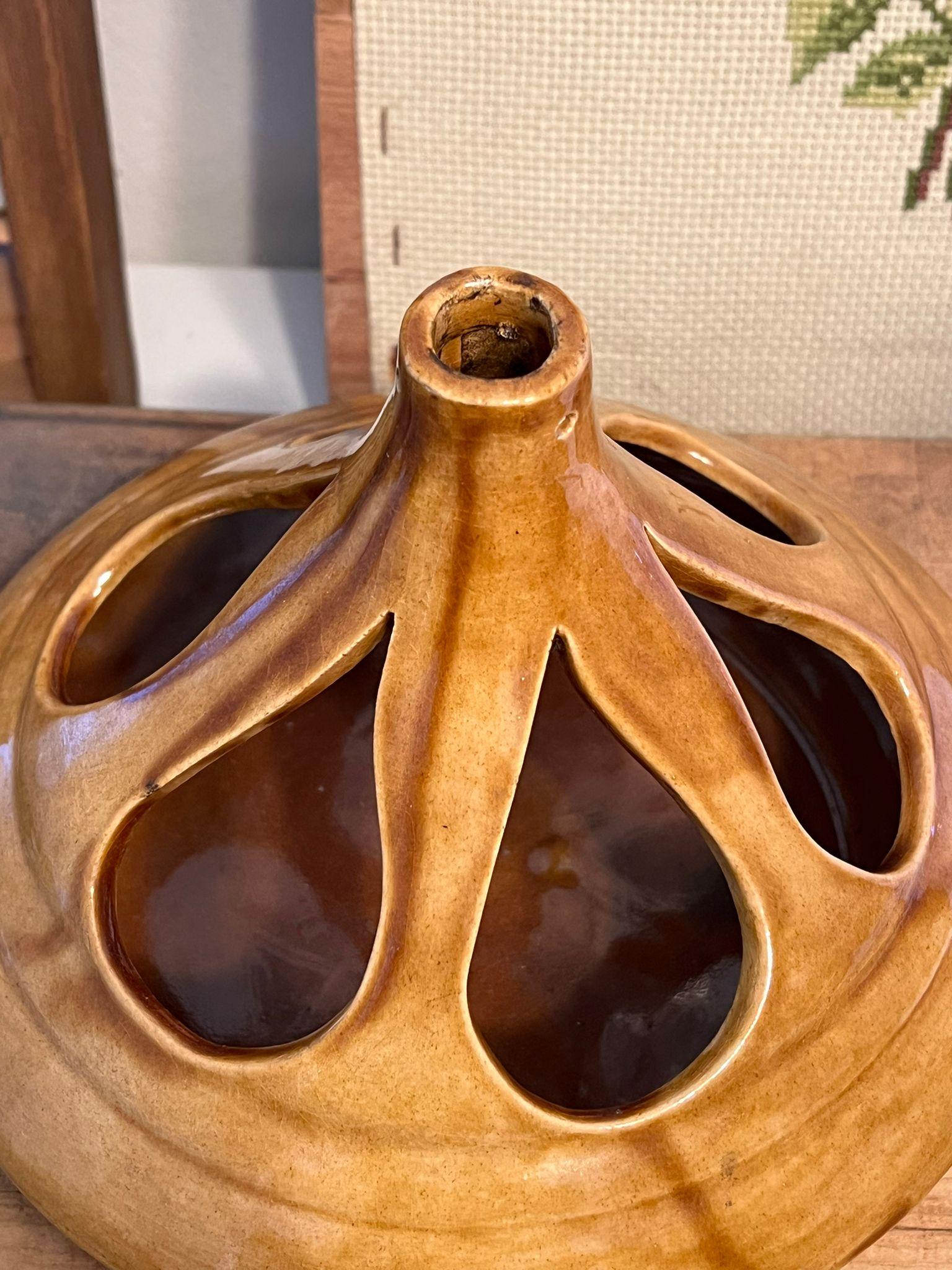 Late 20th Century Signed Mid Century Modern Ceramic Vase With Water Drop Shaped Cutouts. For Sale