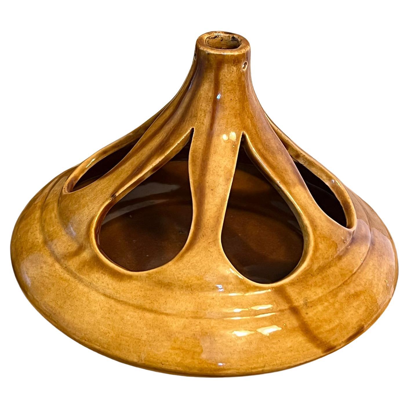 Signed Mid Century Modern Ceramic Vase With Water Drop Shaped Cutouts.