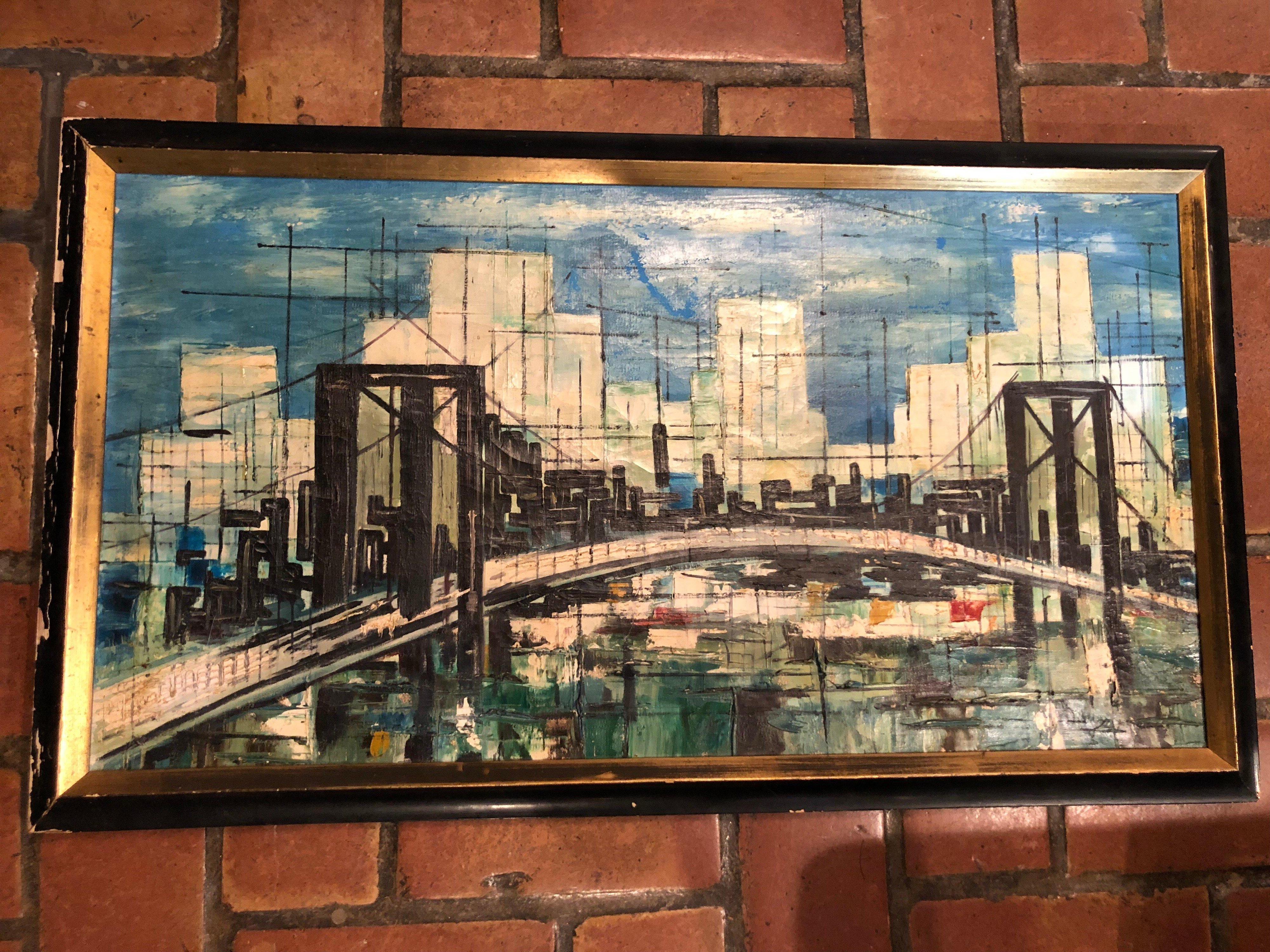 Signed Mid-Century Modern Cityscape Oil on Canvas For Sale 7