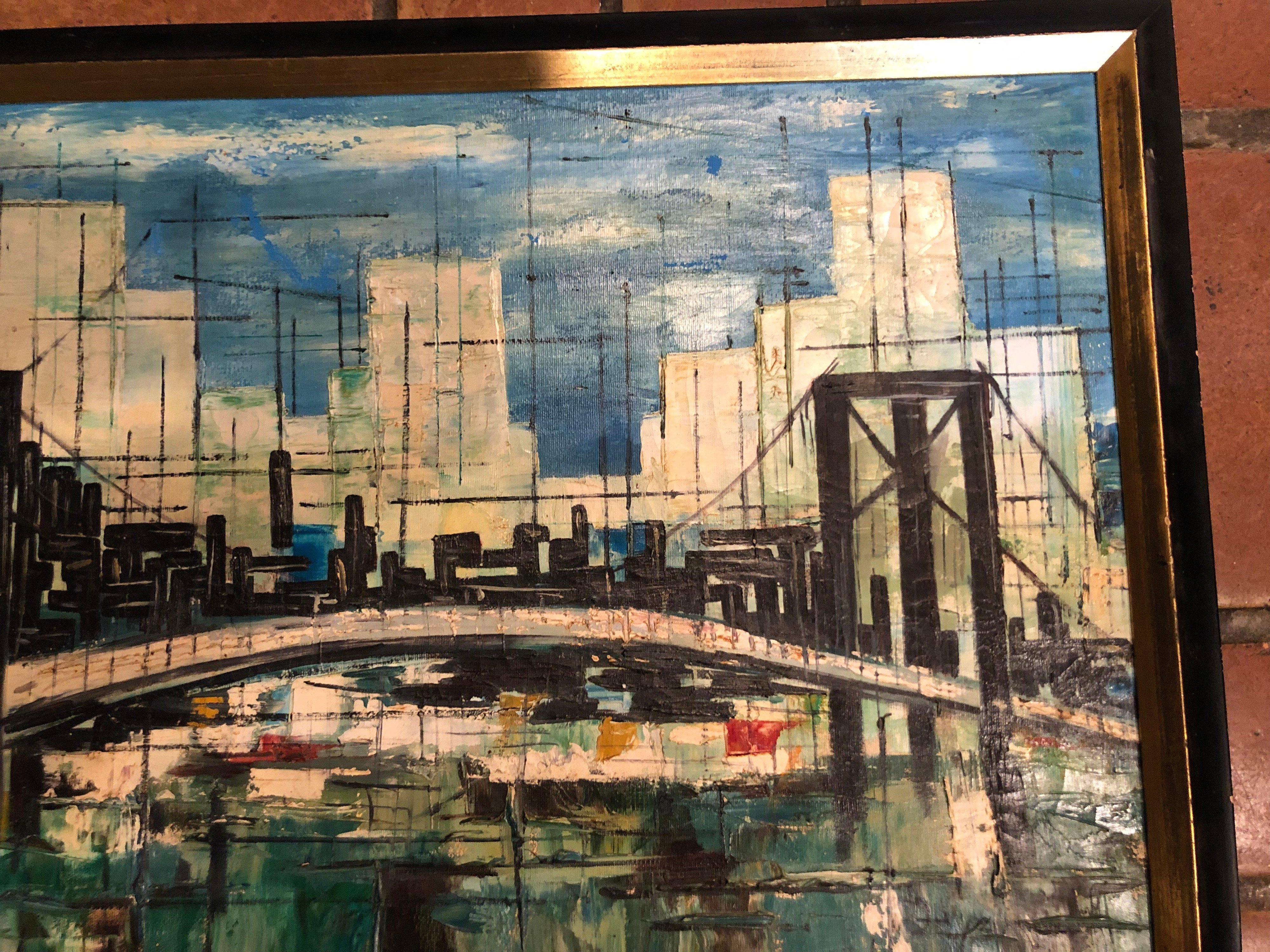 Signed Mid-Century Modern Cityscape Oil on Canvas For Sale 8