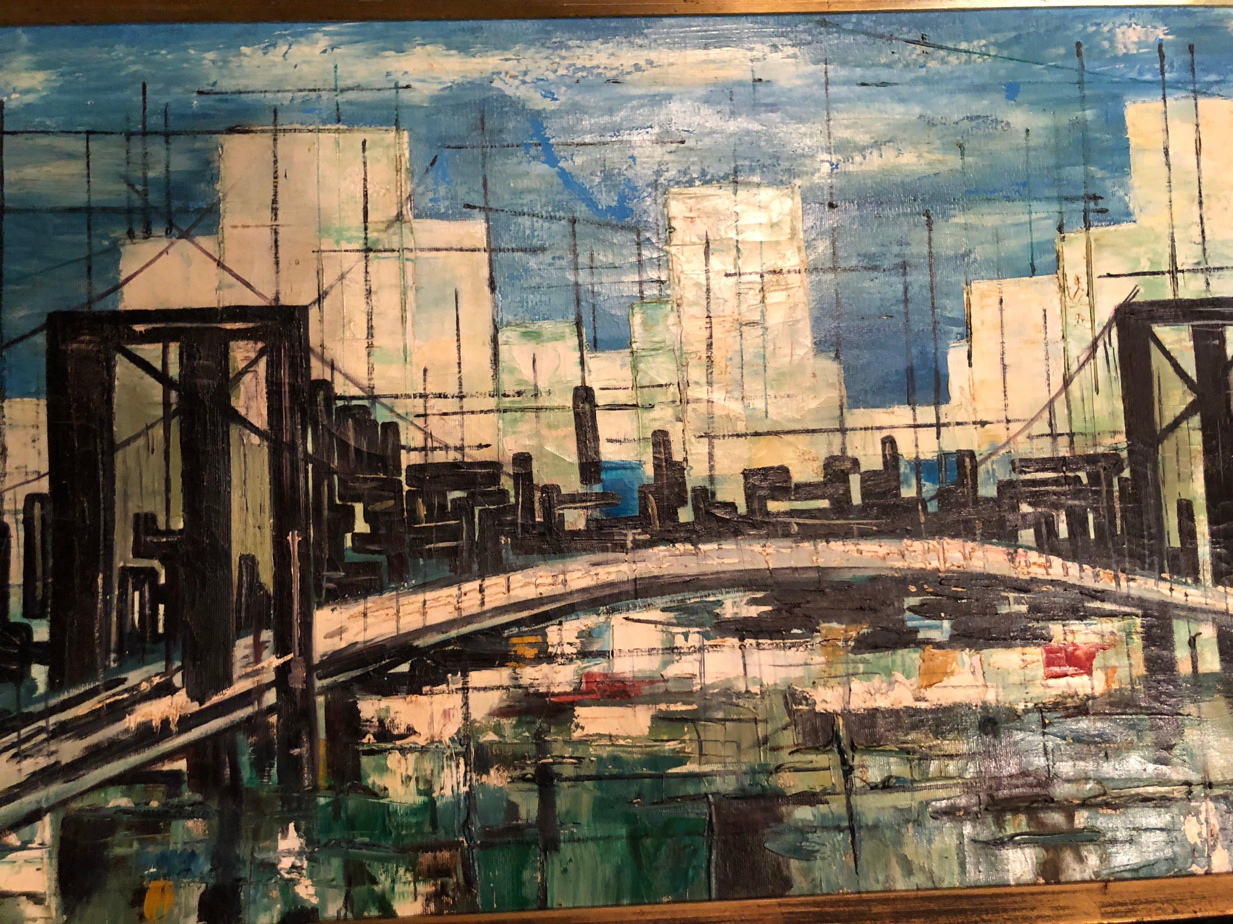 Signed Mid-Century Modern Cityscape Oil on Canvas For Sale 9
