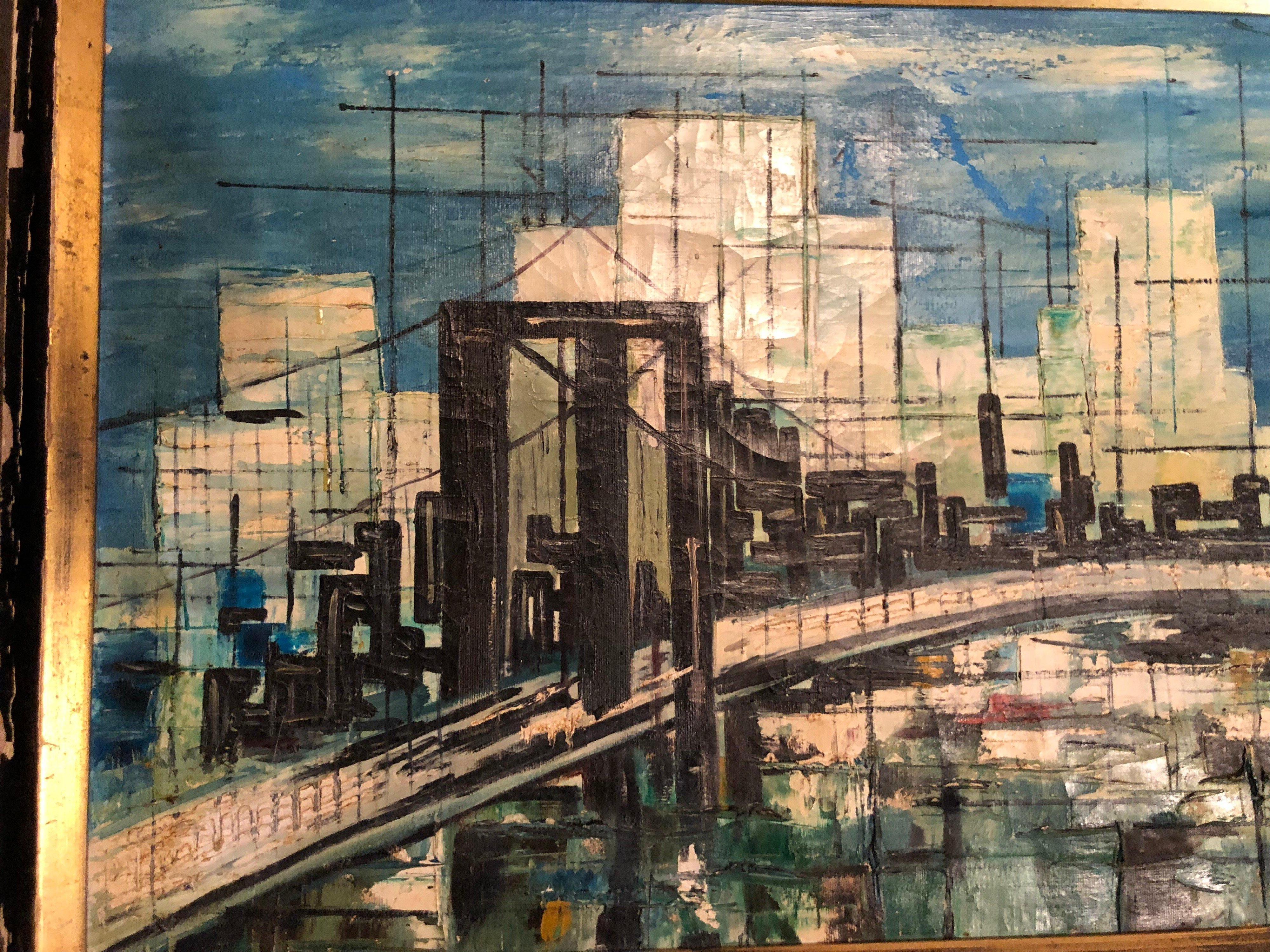 Signed Mid-Century Modern Cityscape Oil on Canvas For Sale 5