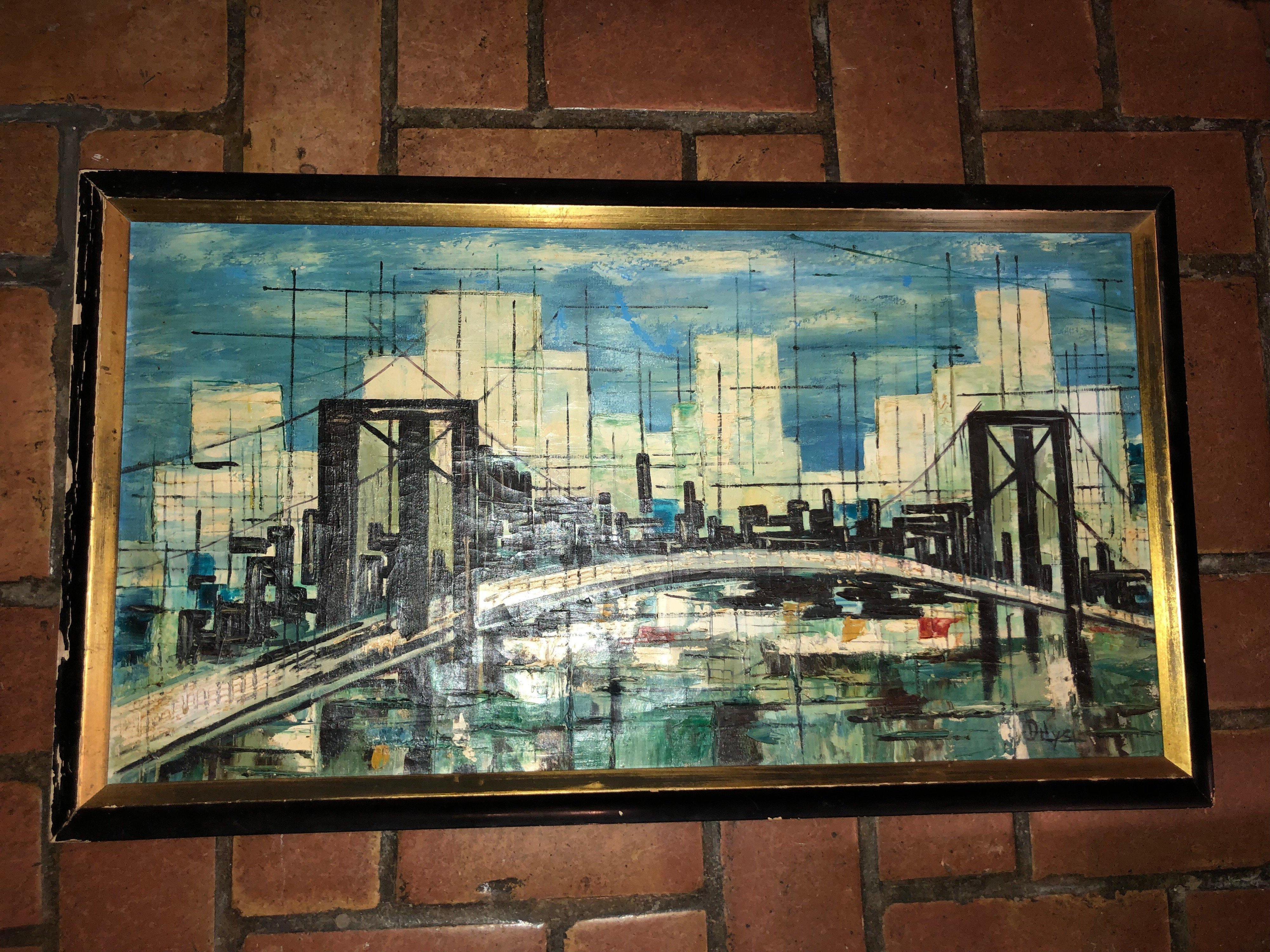 Signed Mid-Century Modern Cityscape Oil on Canvas For Sale 11