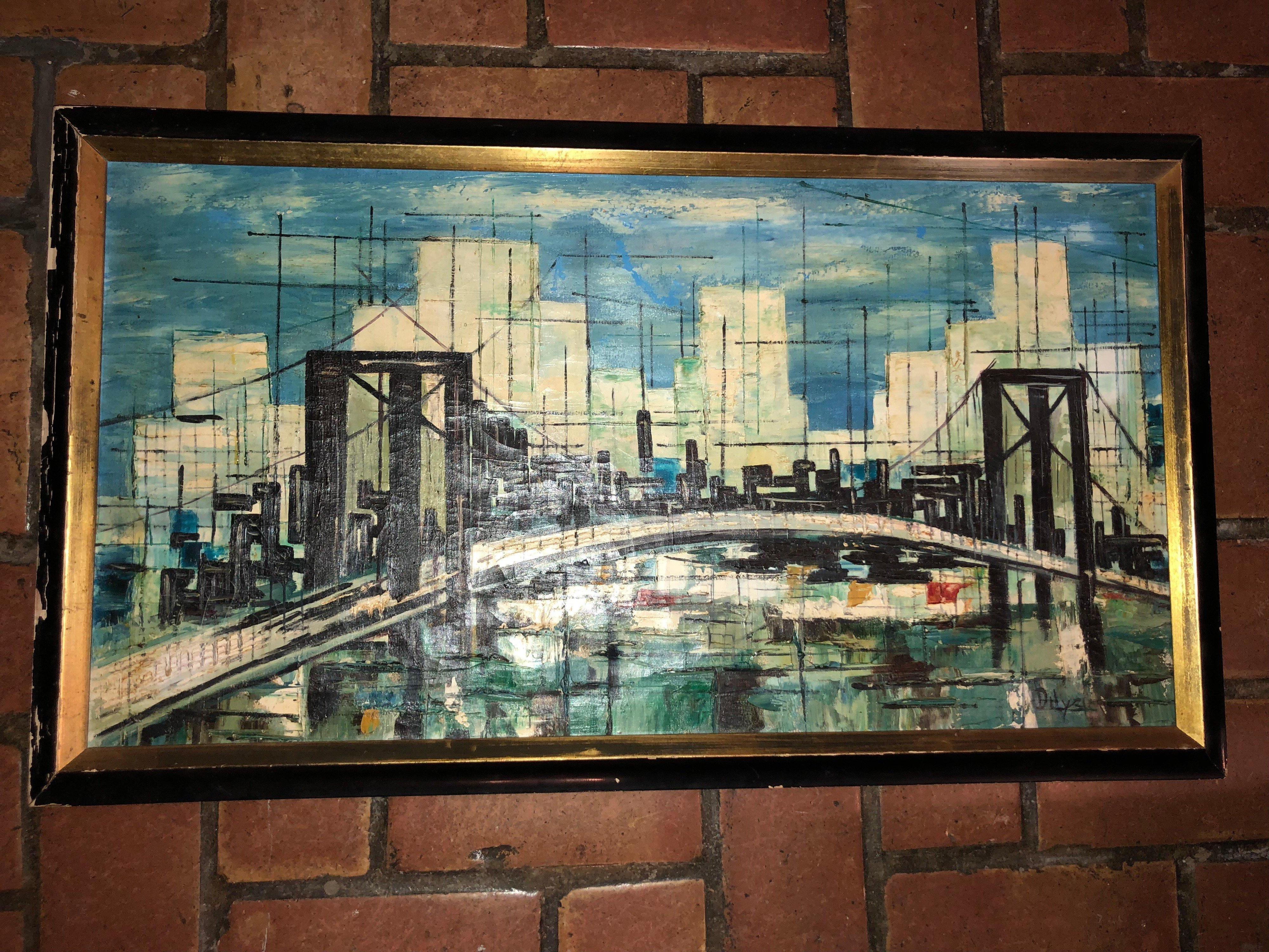 Signed Mid-Century Modern Cityscape Oil on Canvas For Sale 12