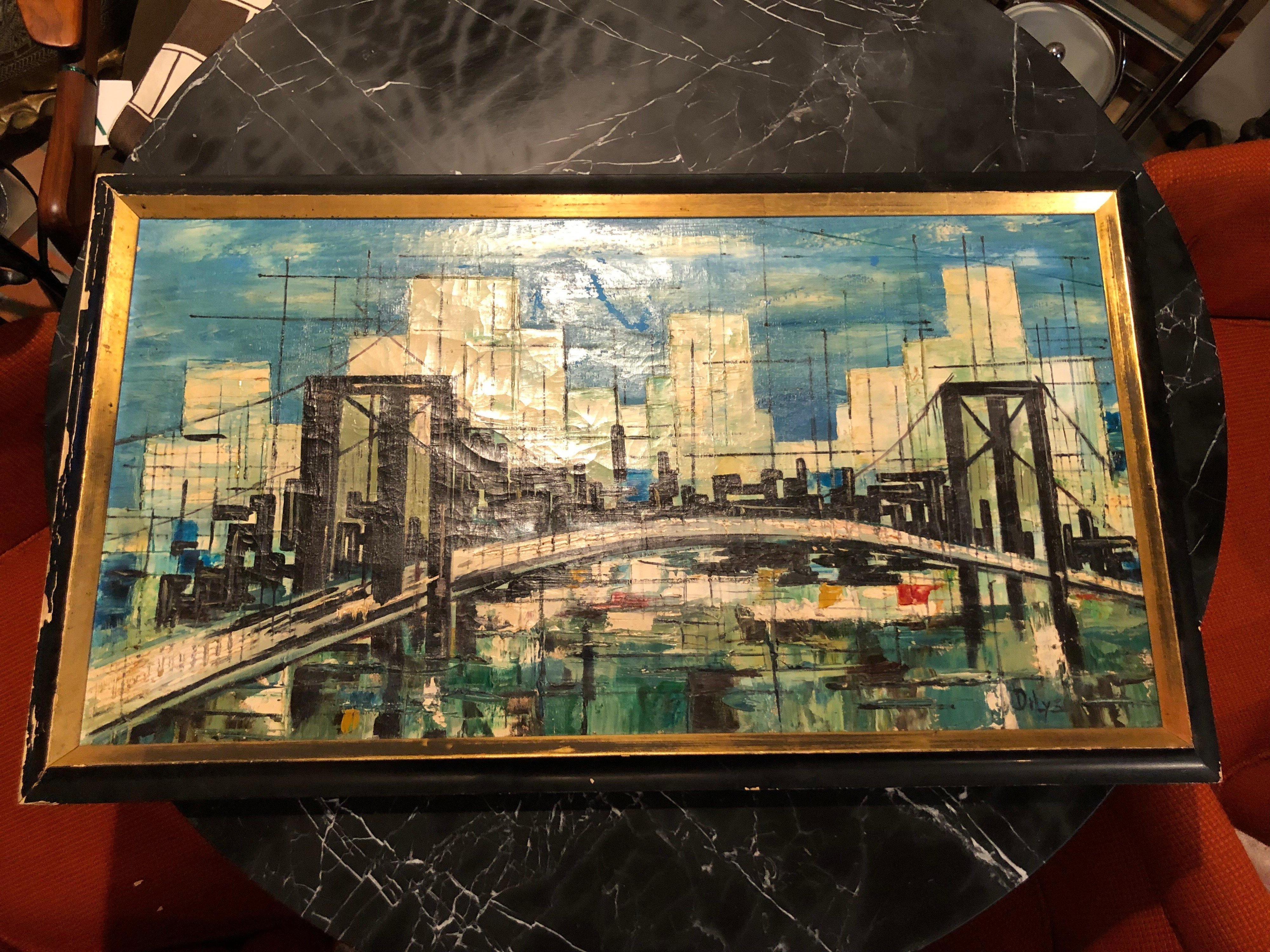 Signed Mid-Century Modern Cityscape Oil on Canvas For Sale 14