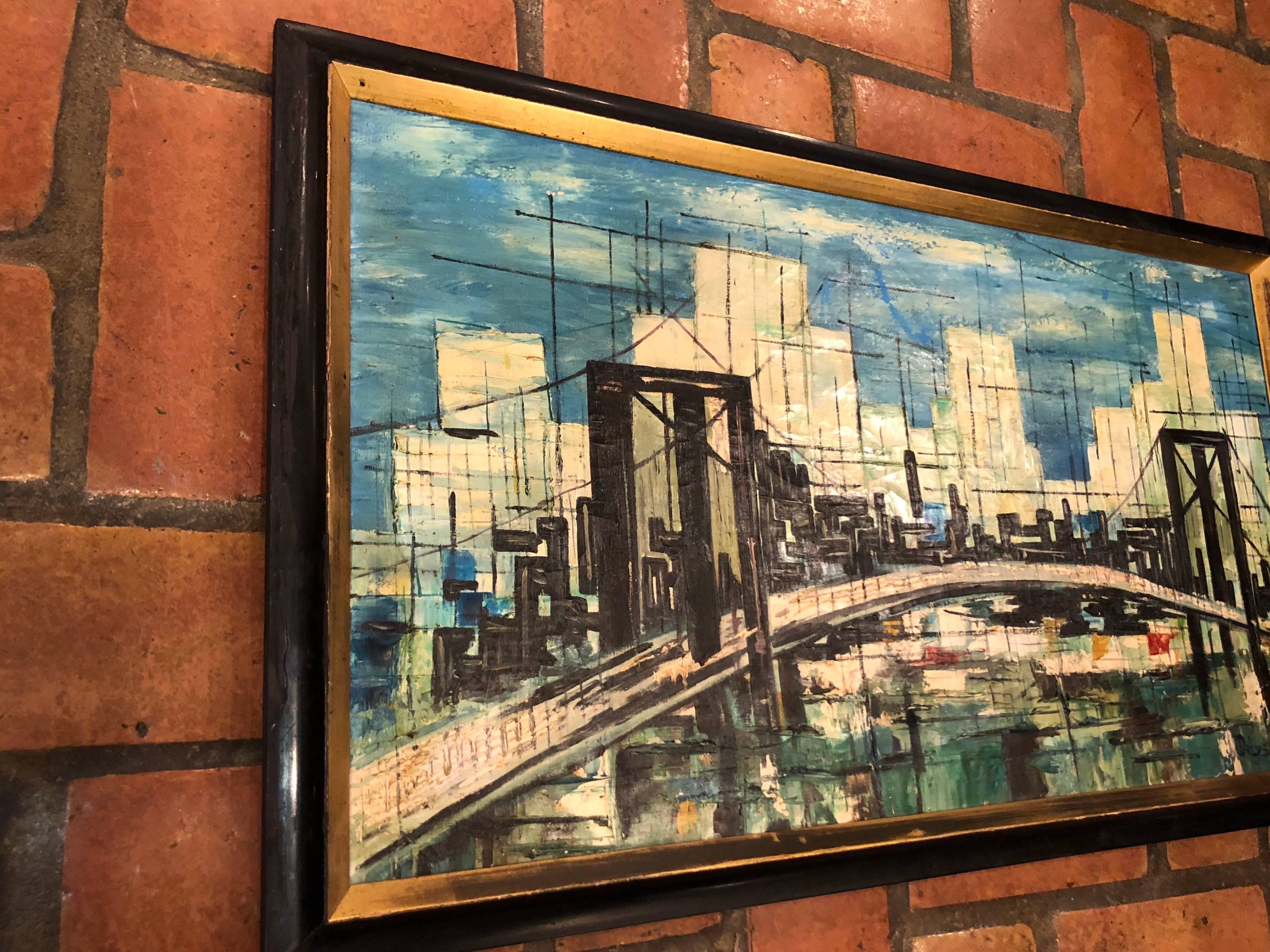 Signed Mid-Century Modern cityscape oil on canvas.