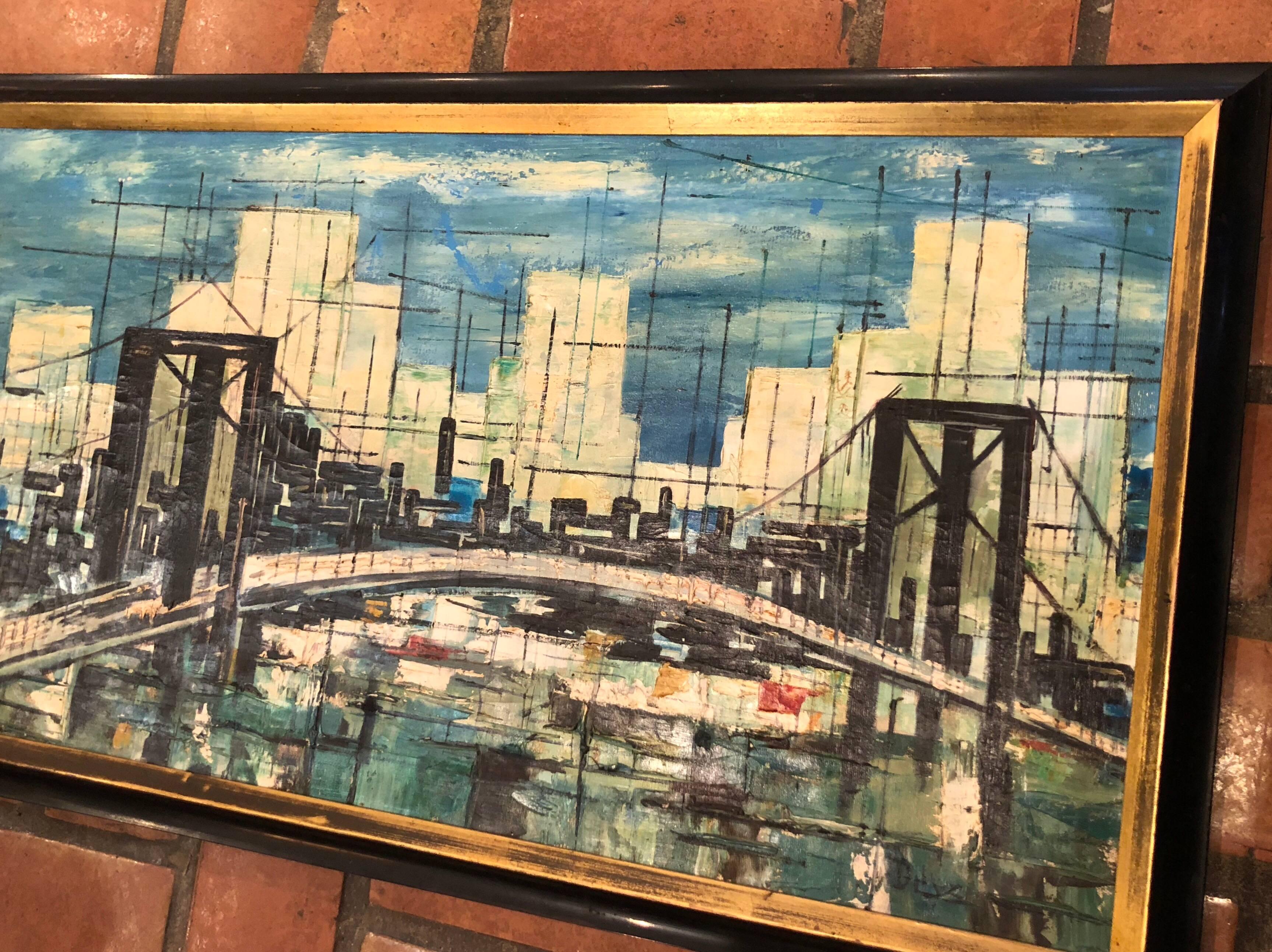 Mid-Century Modern Peinture à l'huile sur toile - paysage urbain moderne du milieu du siècle dernier, signée en vente