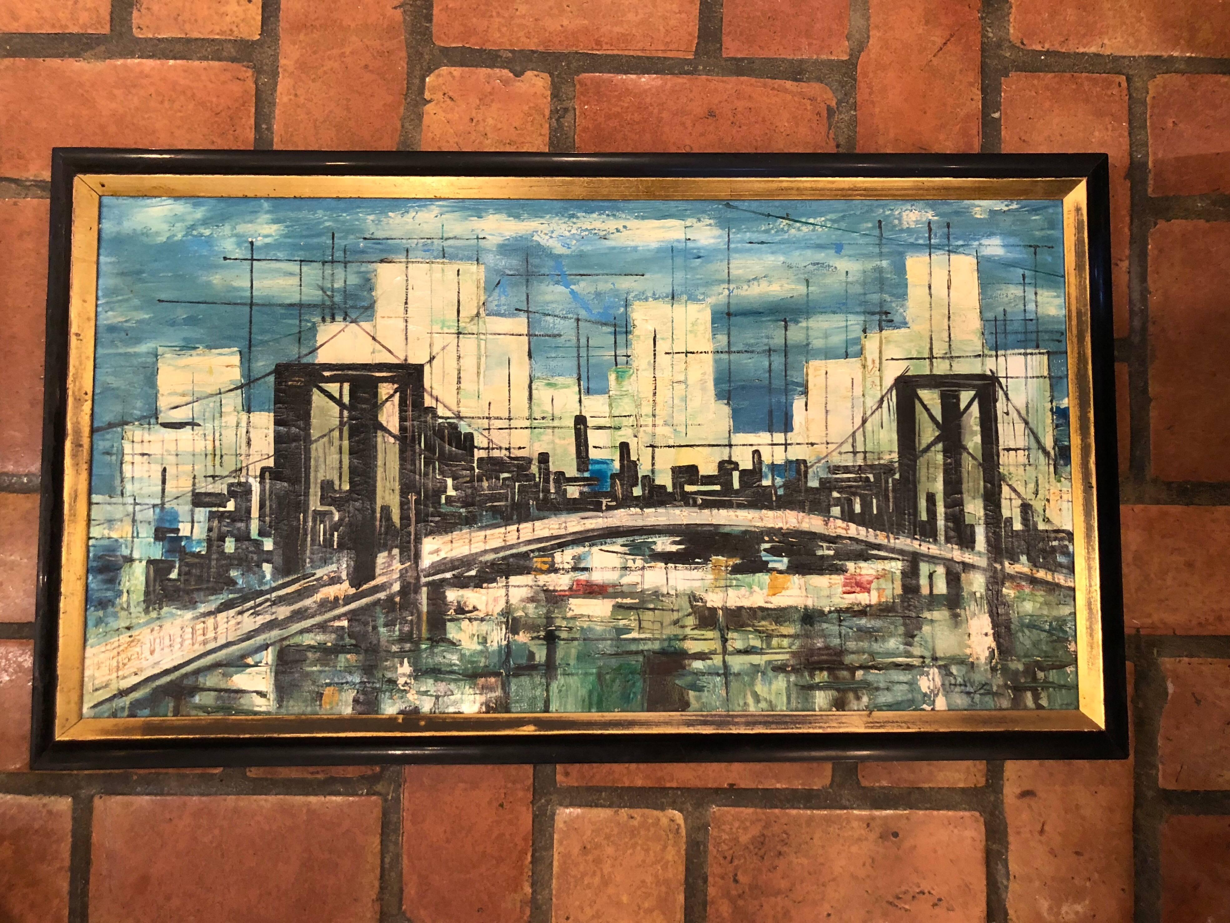 Peinture à l'huile sur toile - paysage urbain moderne du milieu du siècle dernier, signée Bon état - En vente à Redding, CT