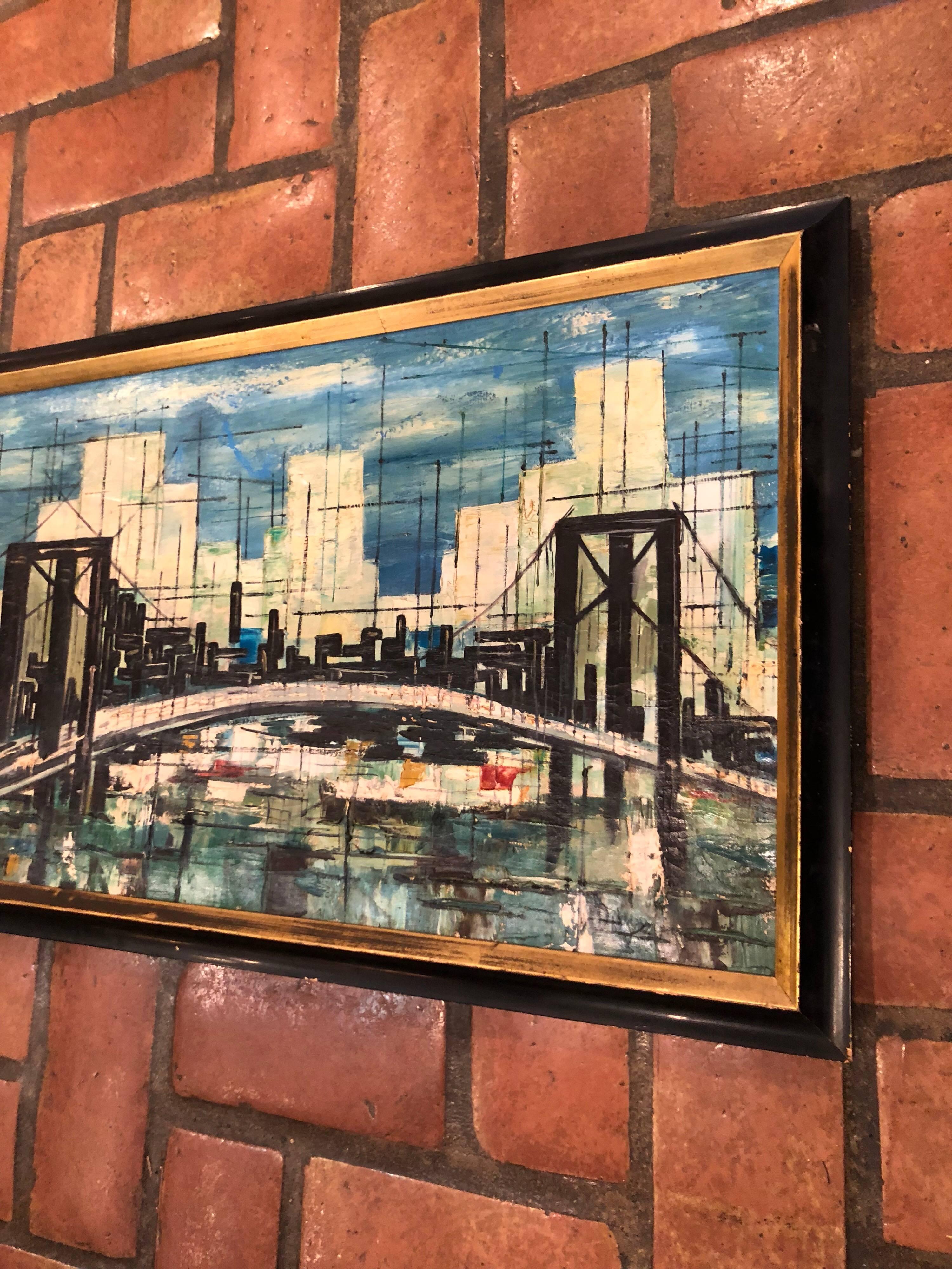 Signed Mid-Century Modern Cityscape Oil on Canvas For Sale 1
