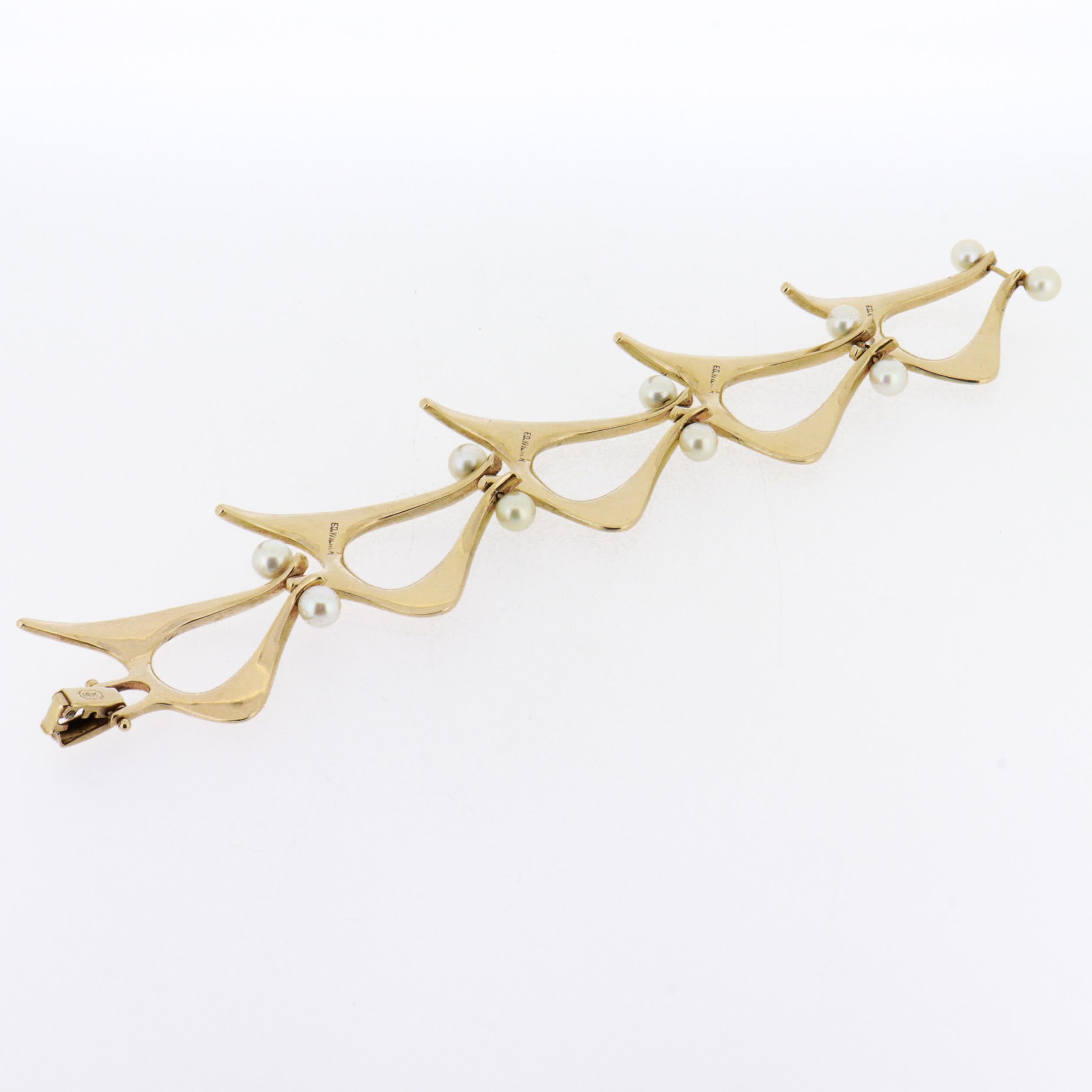 Bracciale Modernista di metà secolo firmato Ed Wiener in oro 14K e perle A Link in vendita 4