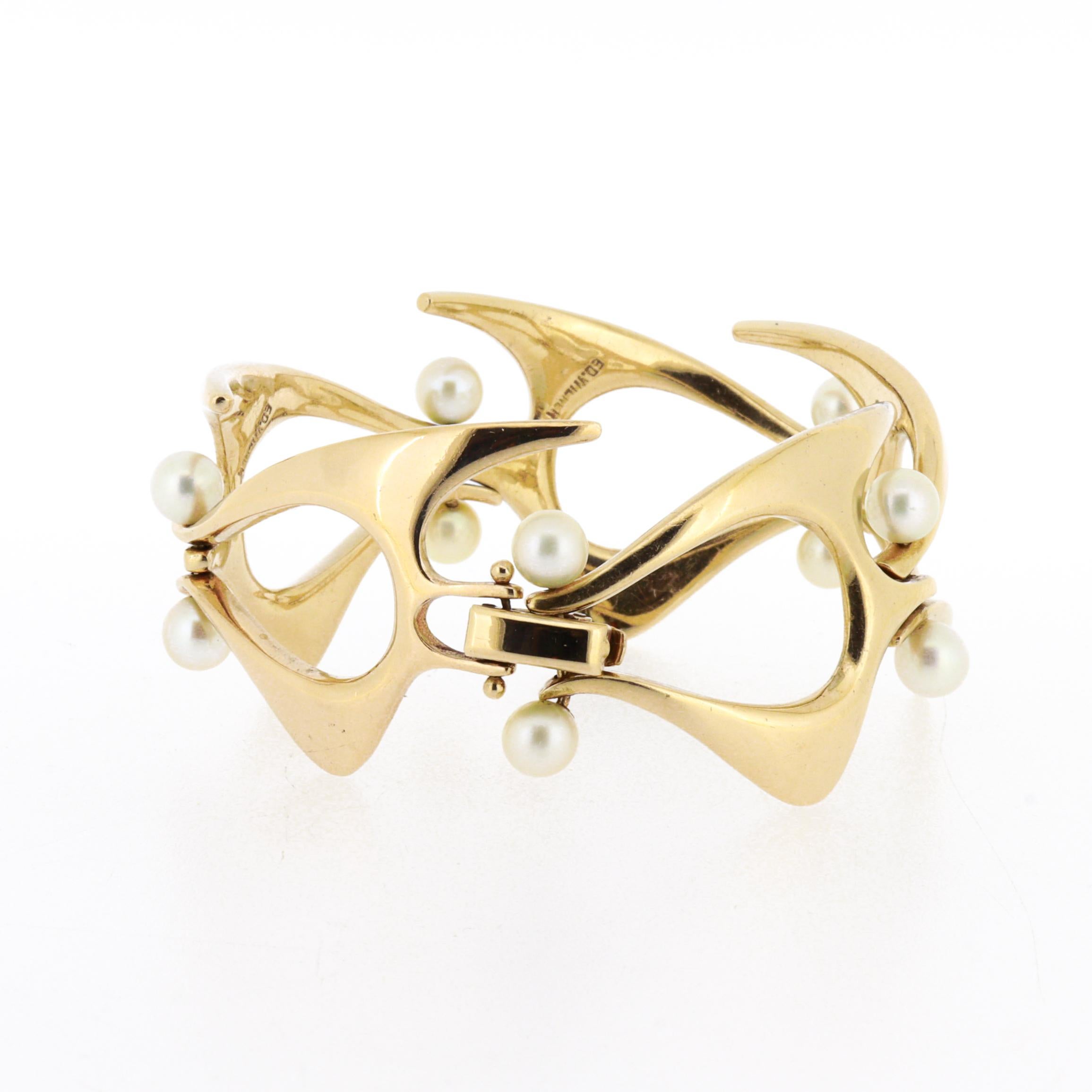 da uomo o donna Bracciale Modernista di metà secolo firmato Ed Wiener in oro 14K e perle A Link in vendita