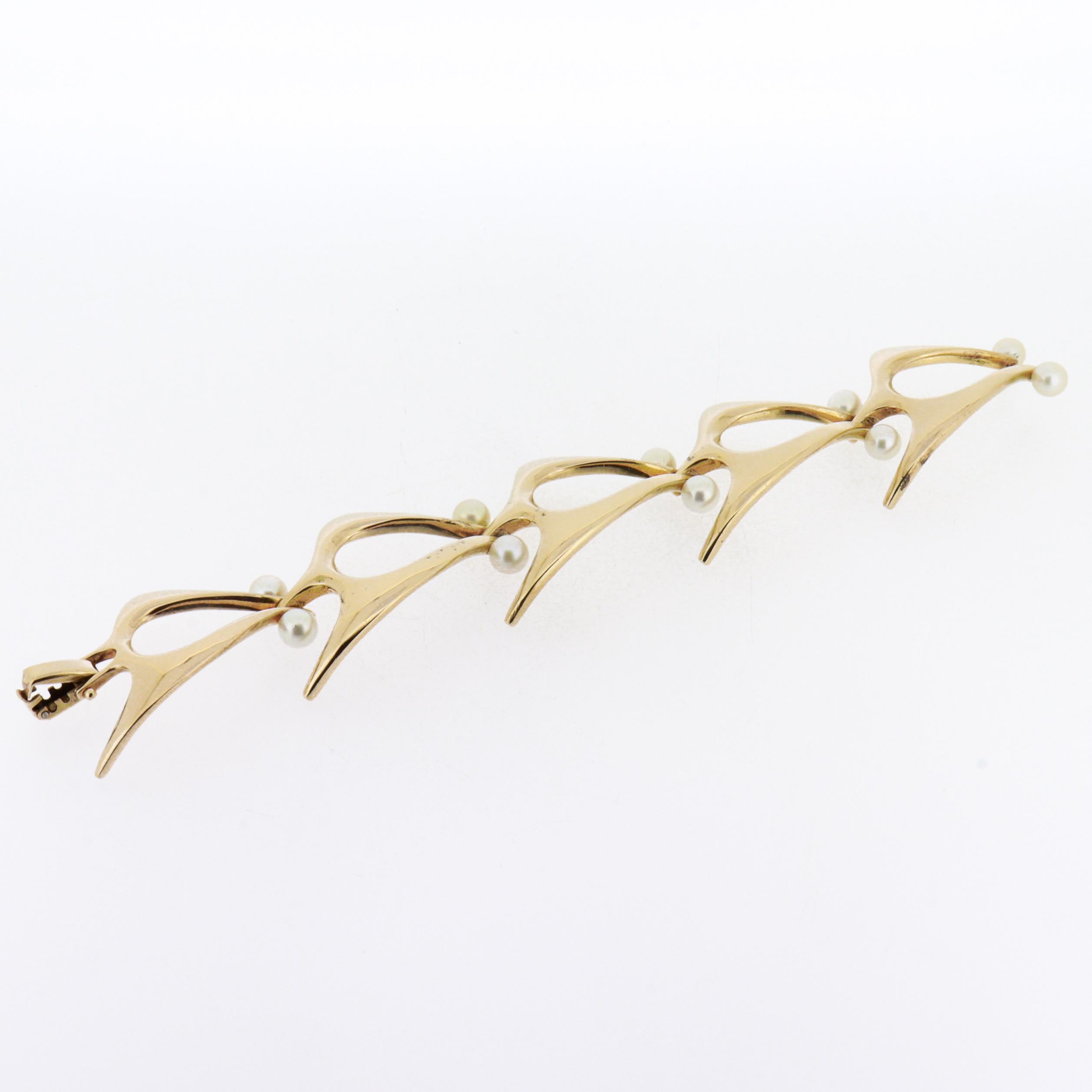 Bracciale Modernista di metà secolo firmato Ed Wiener in oro 14K e perle A Link in vendita 2