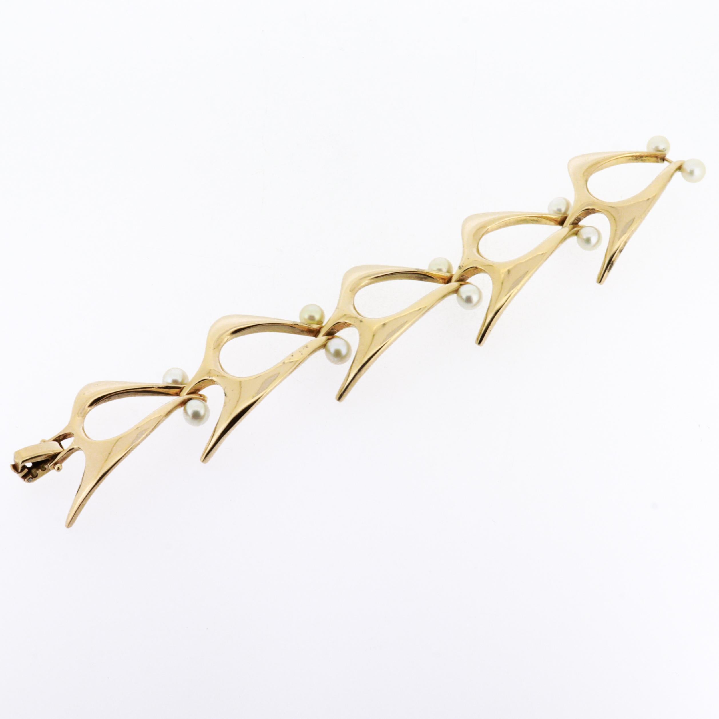 Bracciale Modernista di metà secolo firmato Ed Wiener in oro 14K e perle A Link in vendita 3