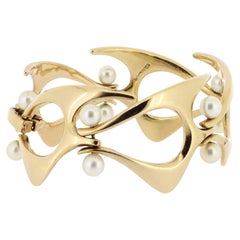 Signed Mid-Century Modern Ed Wiener 14K Gold & Pearl Modernist Link Bracelet