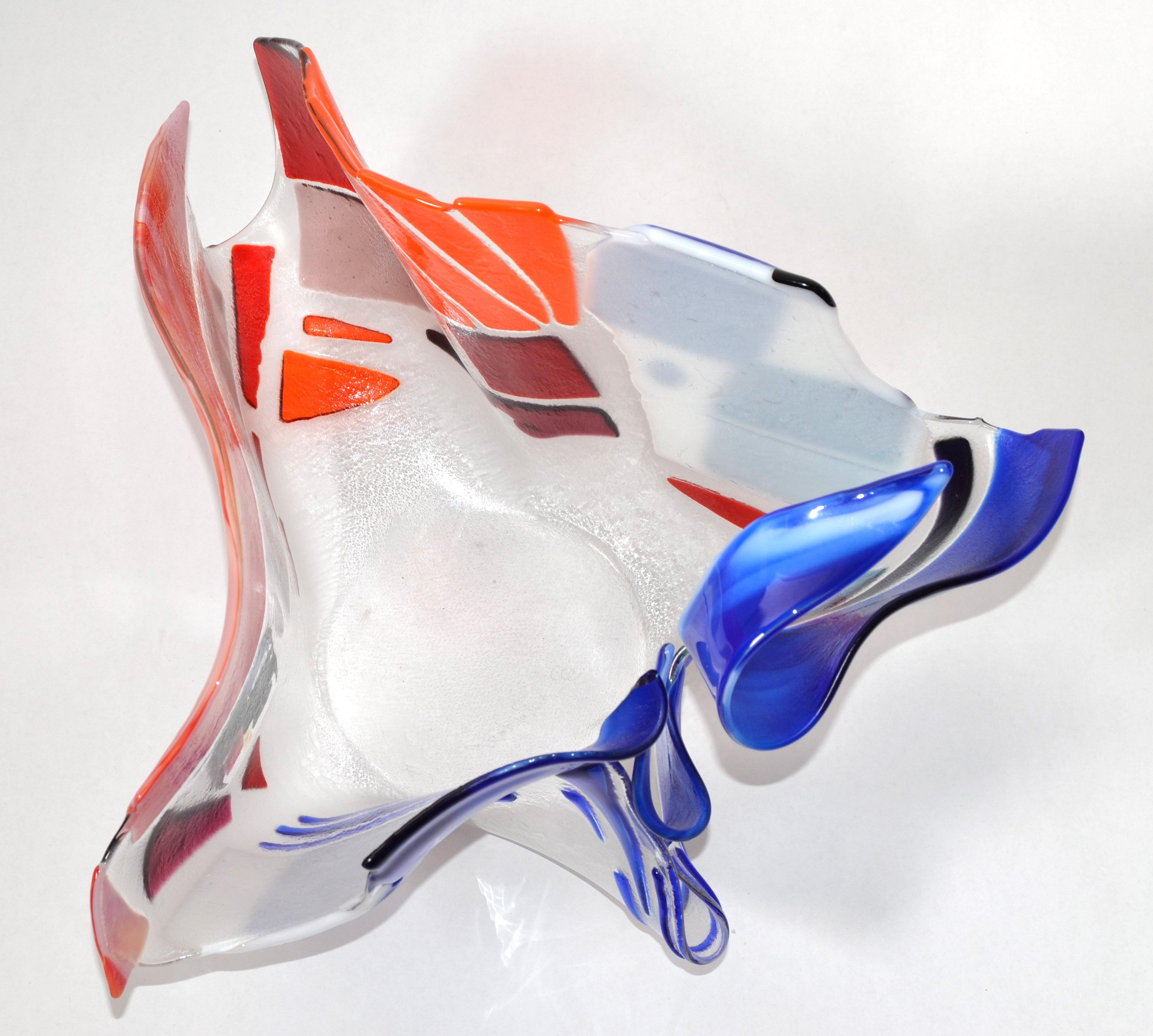 Signed Mid-Century Modern Freeform Glass Bowl Studio Piece Colorful Enamel Decor For Sale 4