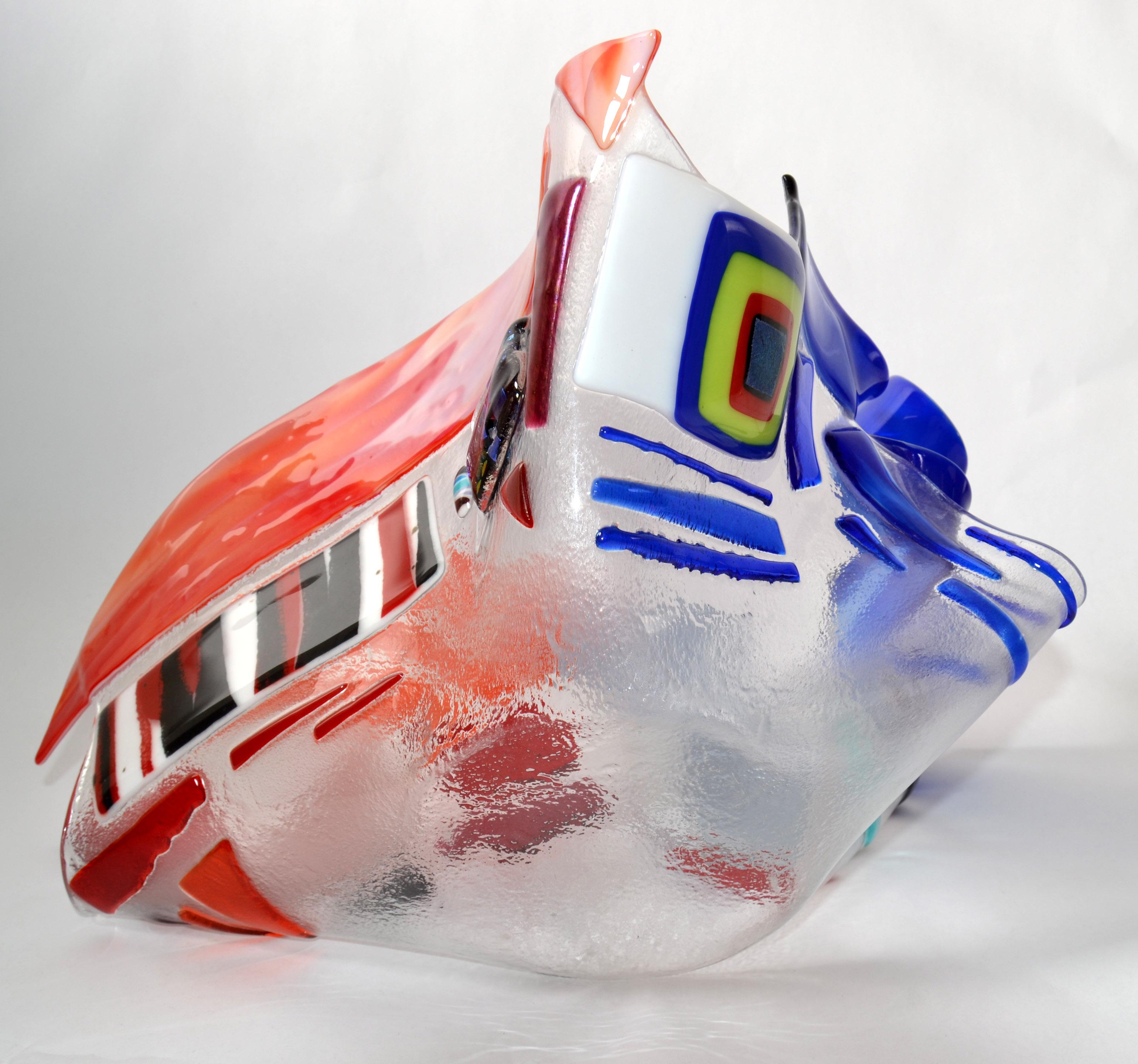 Signed Mid-Century Modern Freeform Glass Bowl Studio Piece Colorful Enamel Decor For Sale 5