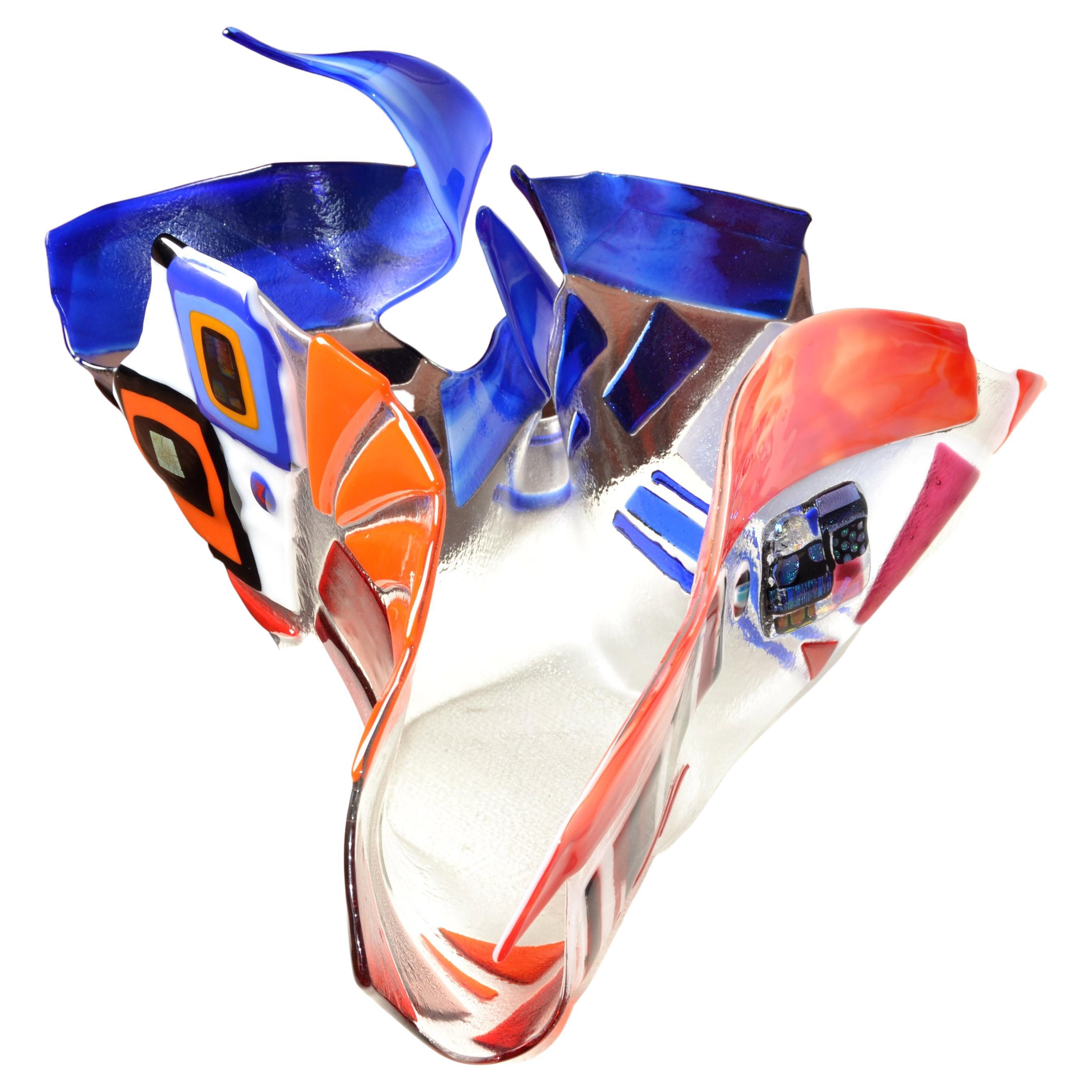 Italian Signed Mid-Century Modern Freeform Glass Bowl Studio Piece Colorful Enamel Decor For Sale
