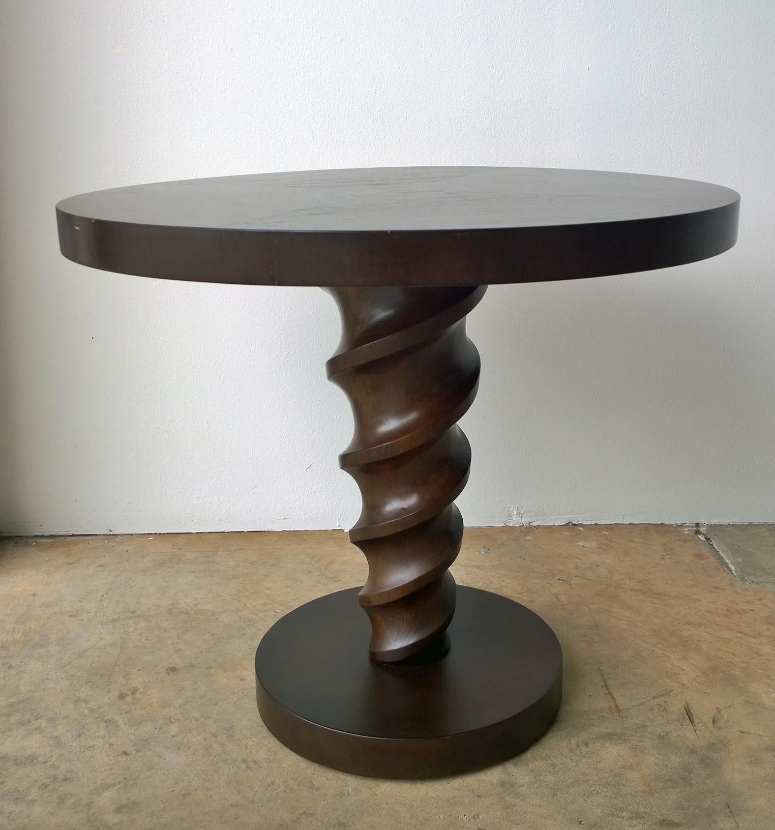 Offered is a quite rare signed Mid-Century Modern Johan Tapp mahogany veneer round top with solid carved mahogany wood 