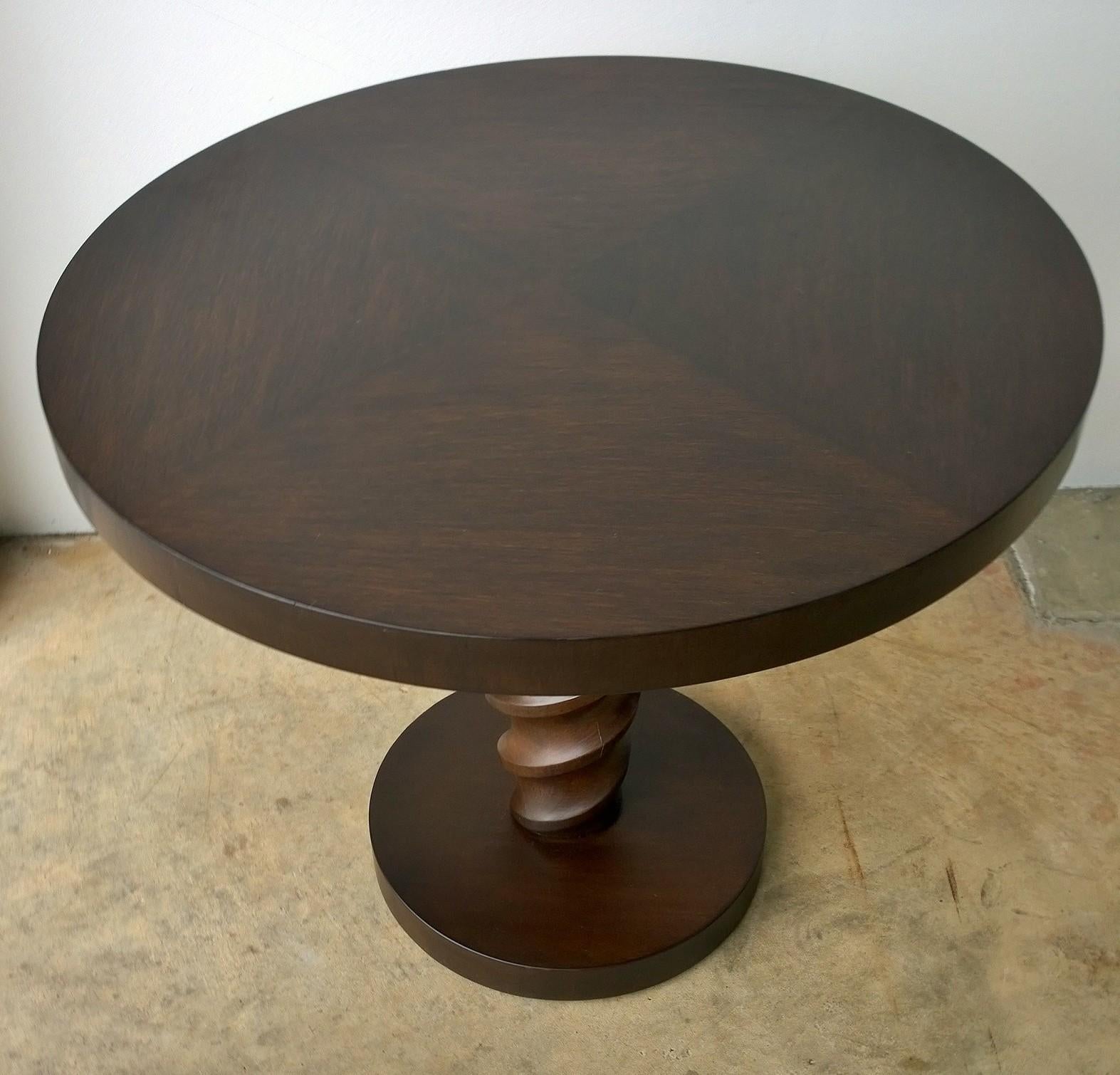 American Mahogany Johan Tapp Carved Center Corkscrew Pedestal and Round Top Side Table For Sale