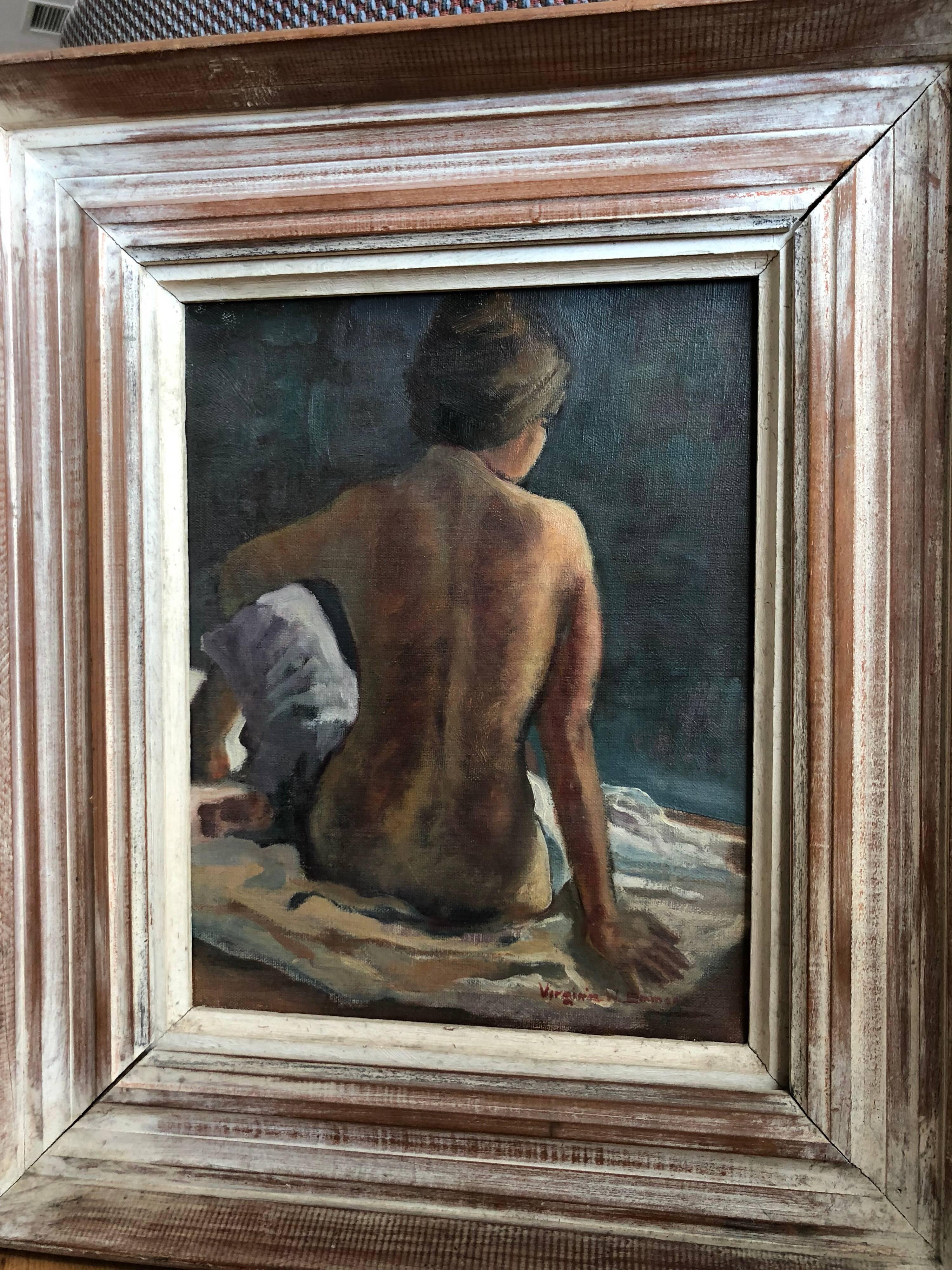 Signed Mid-Century Modern nude by Virginia Emmons.
Virginia Emmons was born in Central Massachusetts. Majored in art at Pratt Institute and continued study at Grand Central School and Art Students League. Later studied with Stanley Woodward,