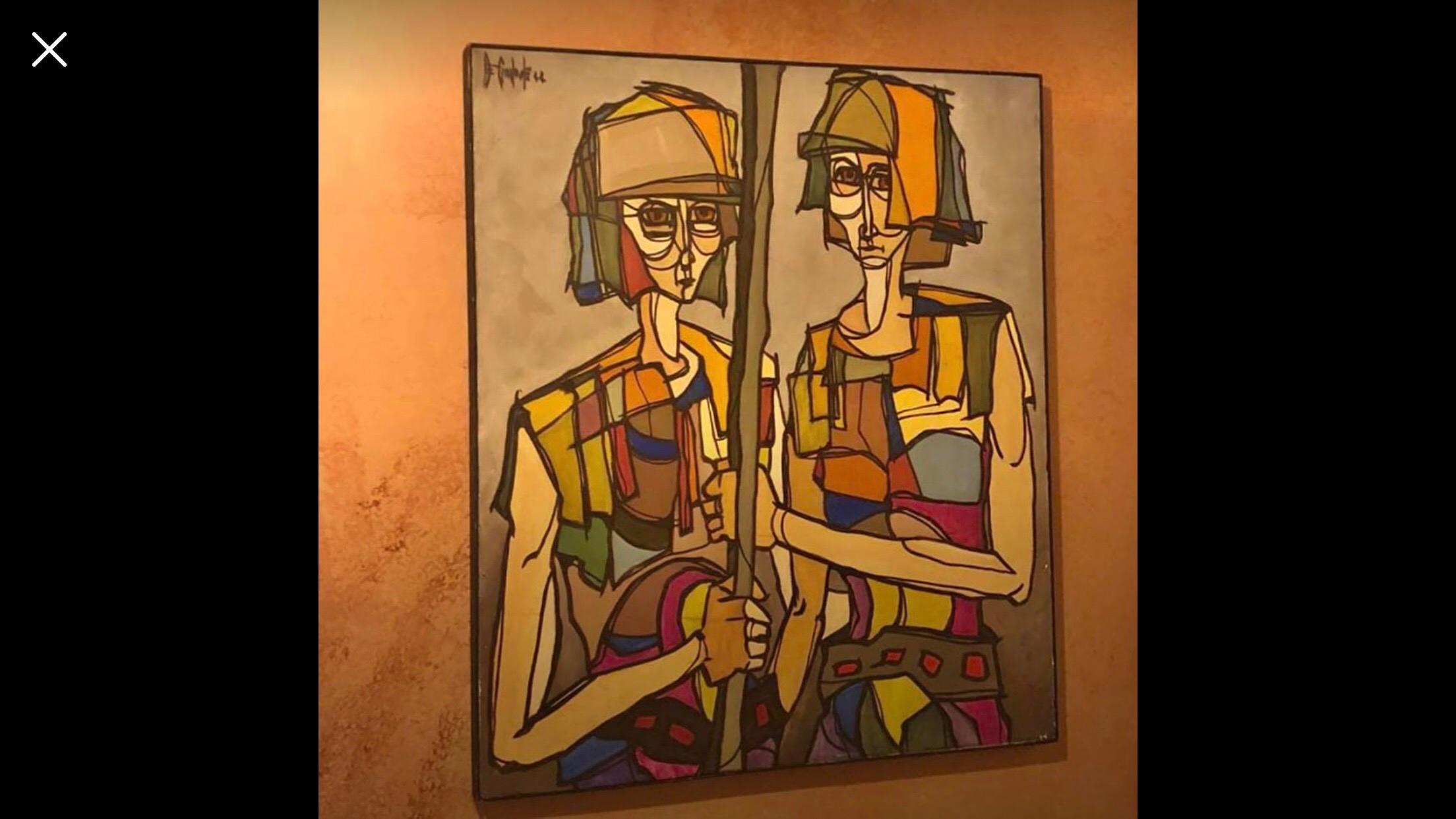 Signed Mid-Century Modern Picasso style painting. Abstract image of two warrior men, possibly pirates holding a sword. Colorful and rich Mid-Century Modern style. Dimensions are: 29.50 x 35 x 1.75. Dated 1966. We are unable to read the artist