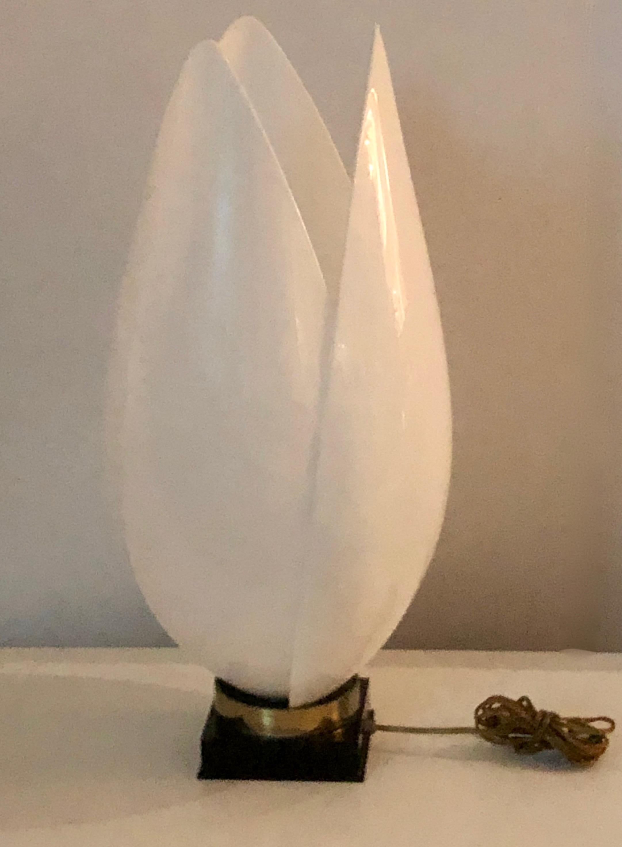 Mid-Century Modern Signed Rougier White Resin Tulip Design with Black Wood & Brass Base Table Lamp For Sale