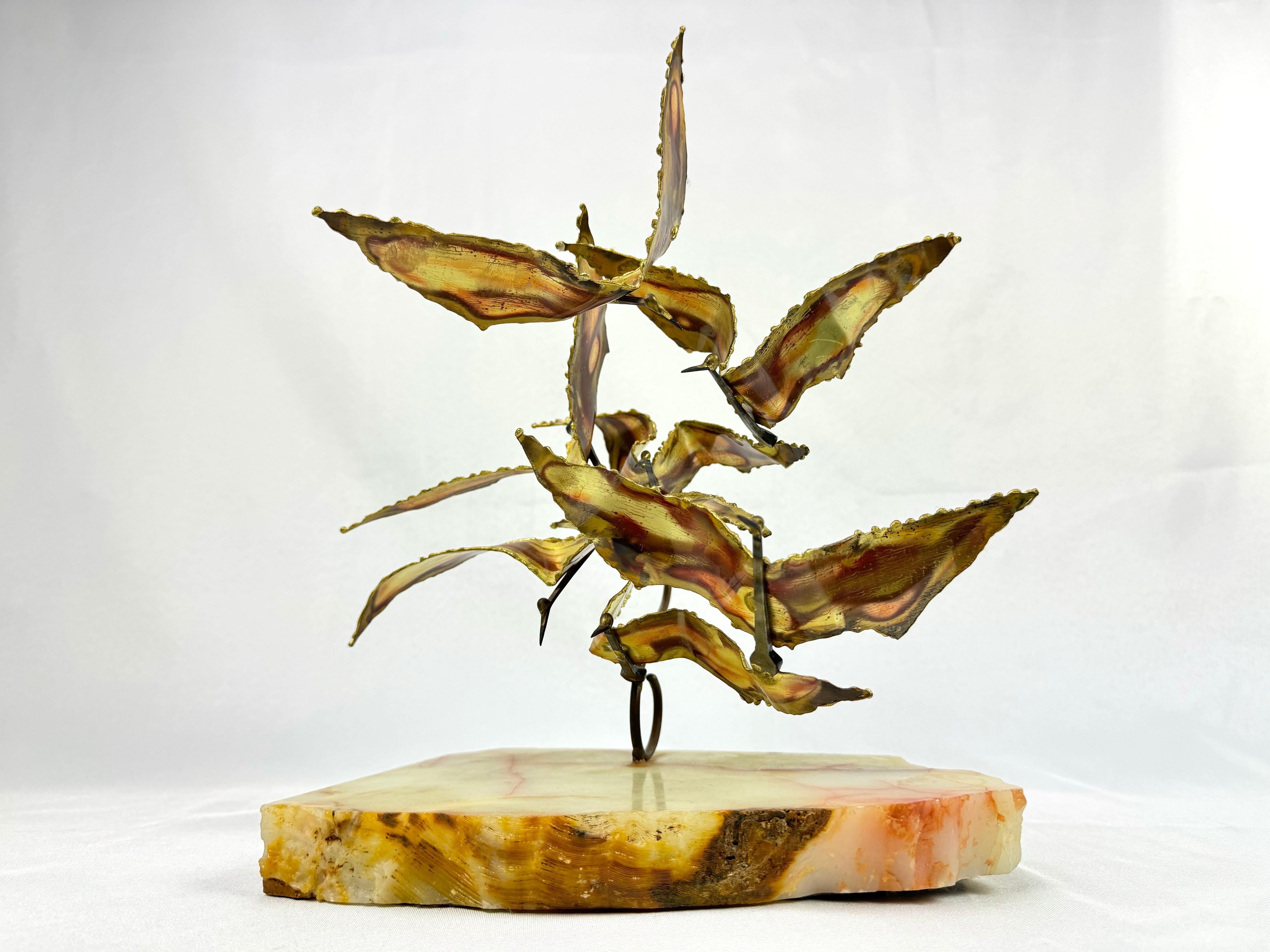 Signed Mid Century Modern Seagull Sculpture. Nice decorative abstract  table top sculpture of a flock of Seagulls on a marble base. Signature illegible.