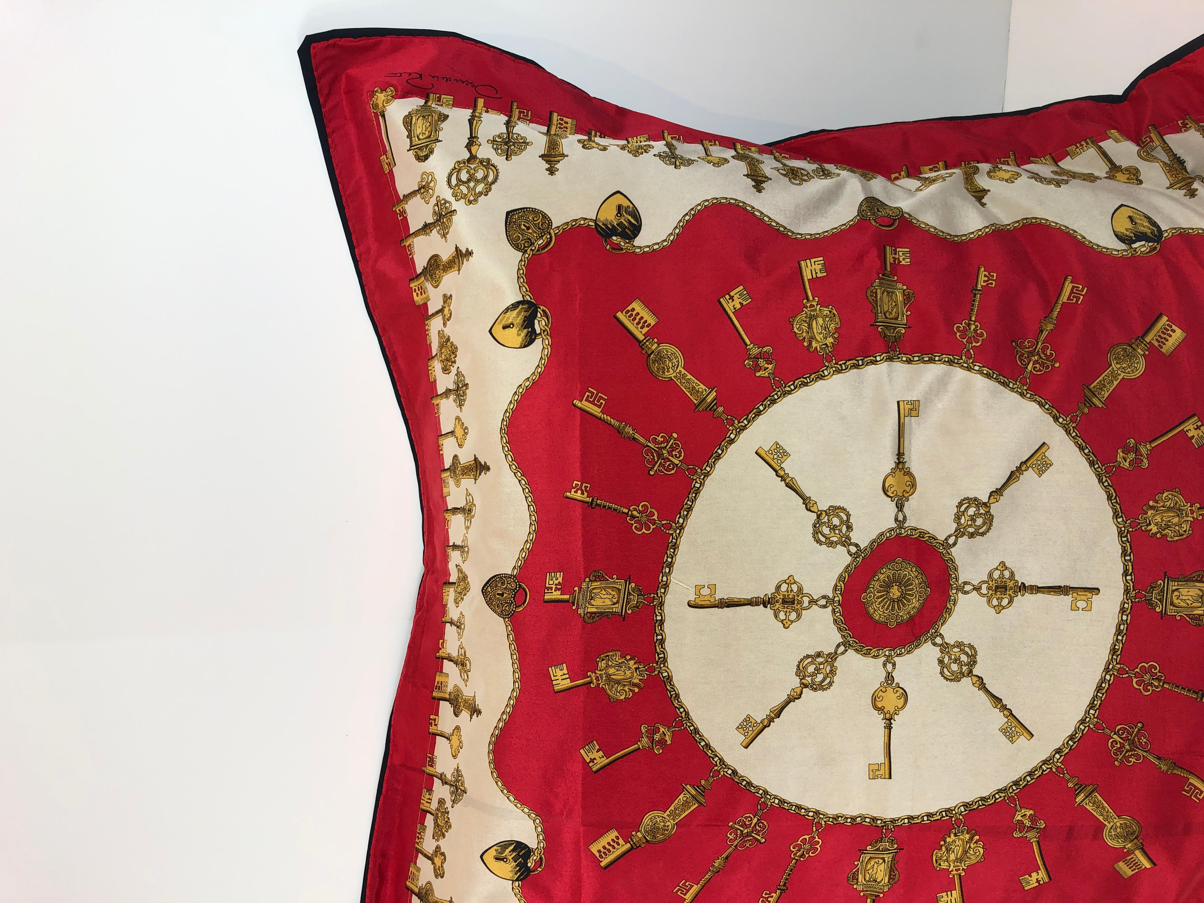 20th Century Oscar De La Renta Silk Scarf in Red, Gold, White & Black and Upholstered Pillow For Sale