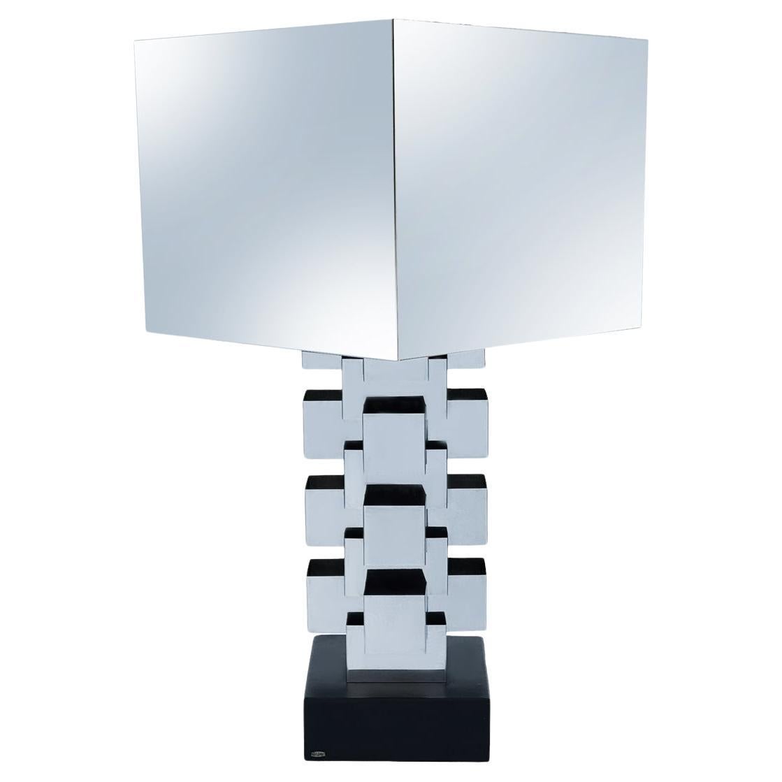 Signierte Mid Century Modern Skyscraper Tischlampe von Curtis Jere in Mirror Chrome im Angebot