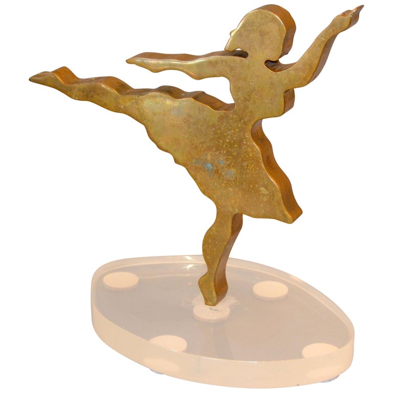 Signed Mid-Century Modern Solid Bronze Ballerina Dancer Sculpture Lucite Base For Sale