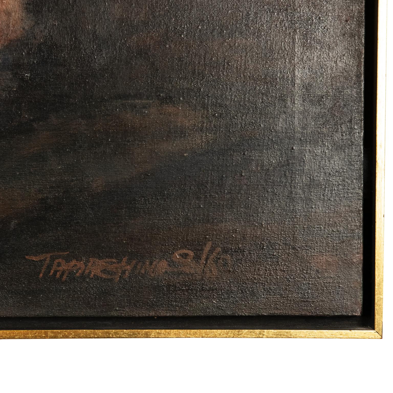 This compelling painting of a cuddling couple in sleep is painted in rich dark tones of brown, black and red. It is signed  ( I cannot decipher the name) and dated 1960.
It is nicely framed in its original period frame. A beautiful decorative
