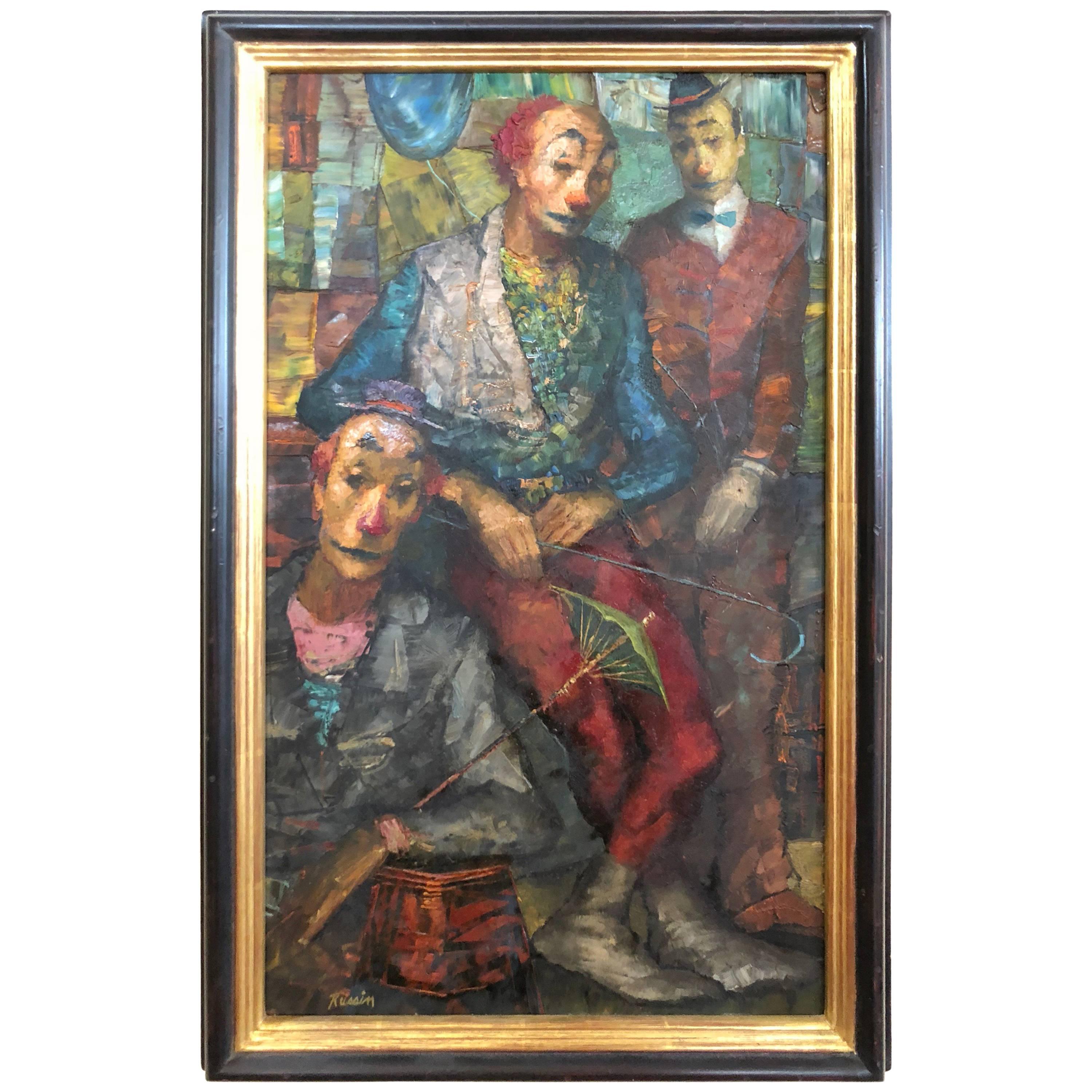 Signiertes Gemälde von Clowns aus der Mitte des Jahrhunderts von George Russin