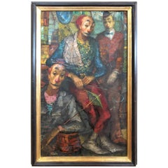 Vintage Signed Mid Century Painting of Clowns by George Russin