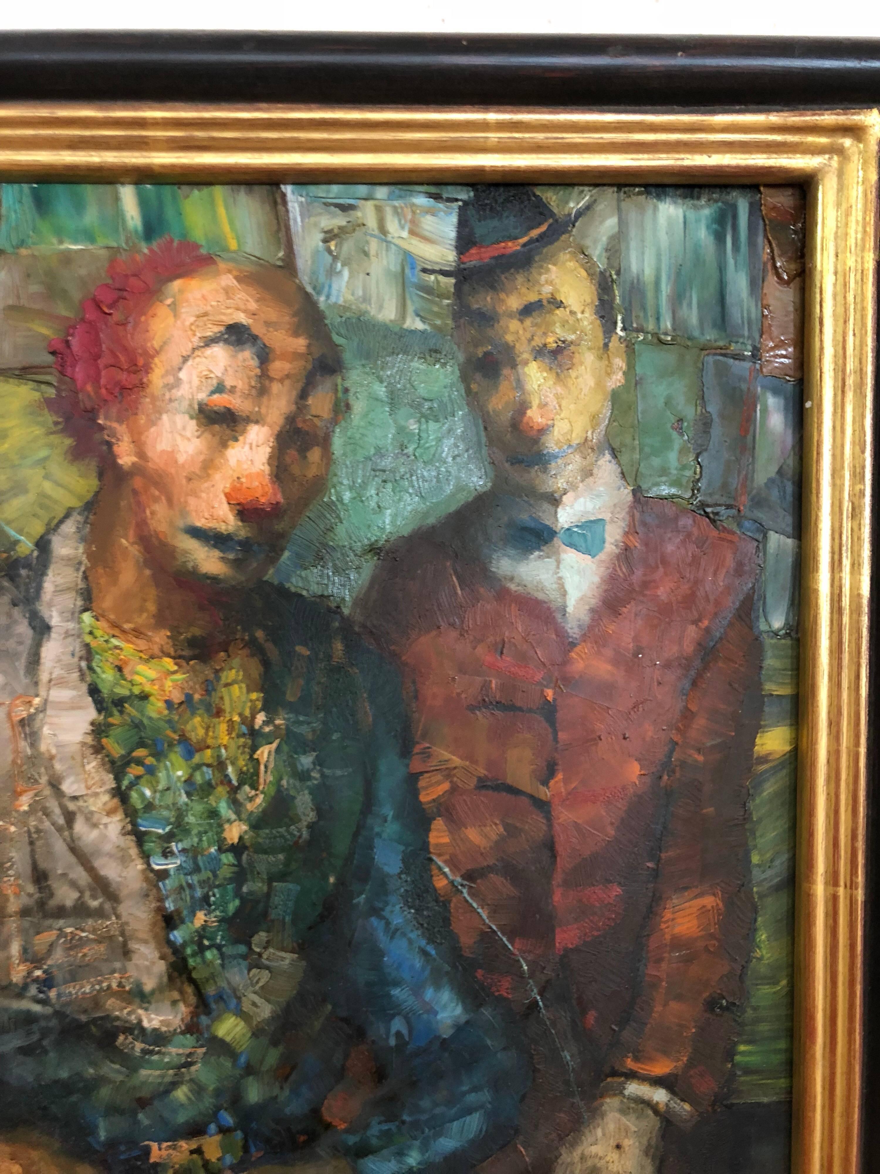 Signed Mid-century painting of clowns by listed American artist George Russin. (1910-2010) Nice , heavy impasto oil on board with palette knife technique. Incredible attention to detail. Highly skilled artist with great auction records. Great