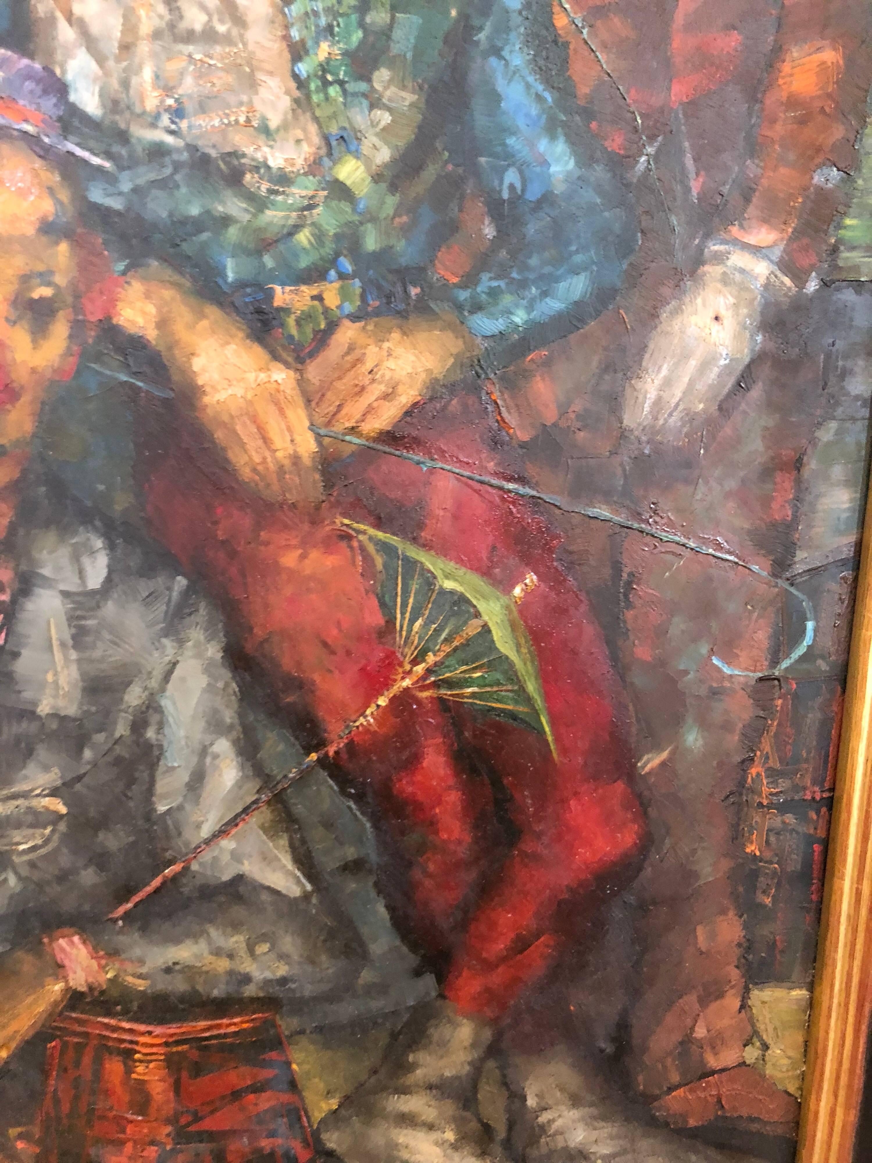 Signiertes Gemälde von Clowns aus der Mitte des Jahrhunderts von George Russin im Zustand „Hervorragend“ im Angebot in Redding, CT