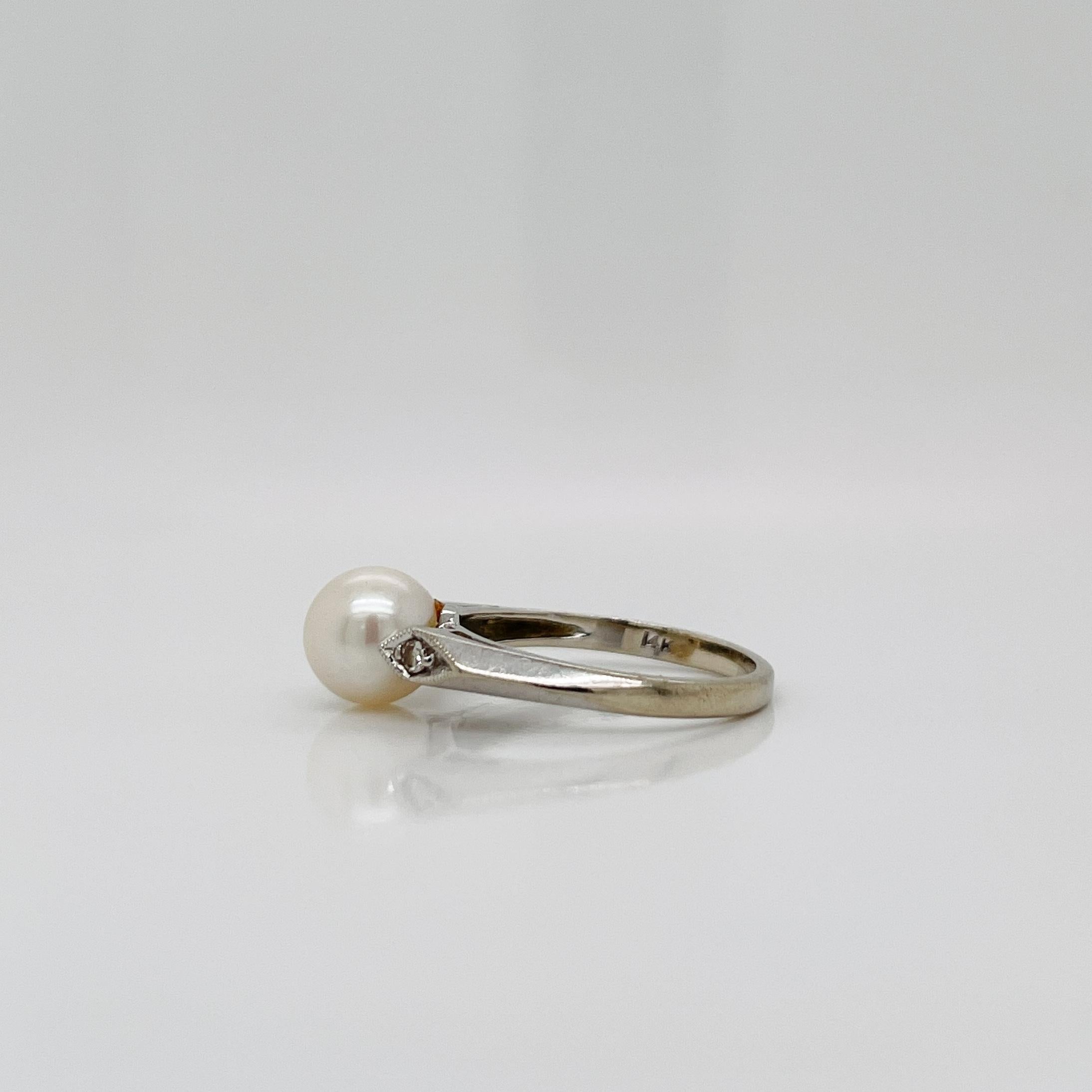 Round Cut Signed Mid-Century Pearl, Diamond, & 14 Karat White Gold Cocktail Ring For Sale