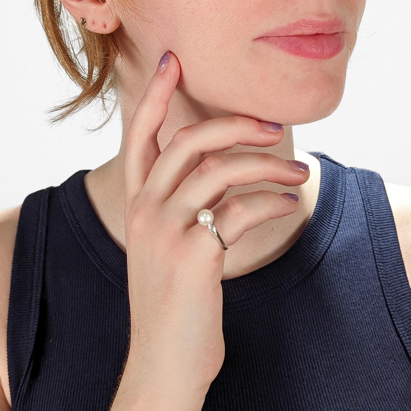 Edwardian Signed Mid-Century Pearl, Diamond, & 14 Karat White Gold Cocktail Ring For Sale