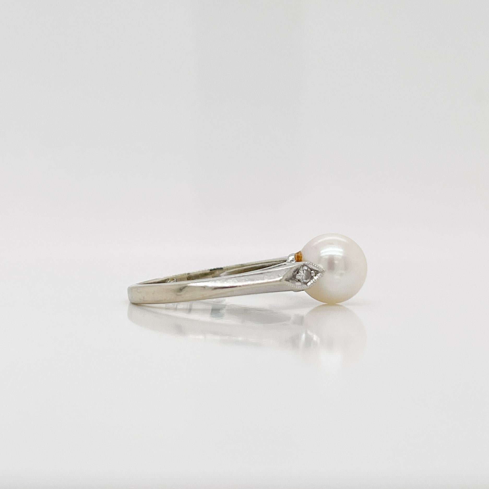Signed Mid-Century Pearl, Diamond, & 14 Karat White Gold Cocktail Ring In Good Condition For Sale In Philadelphia, PA