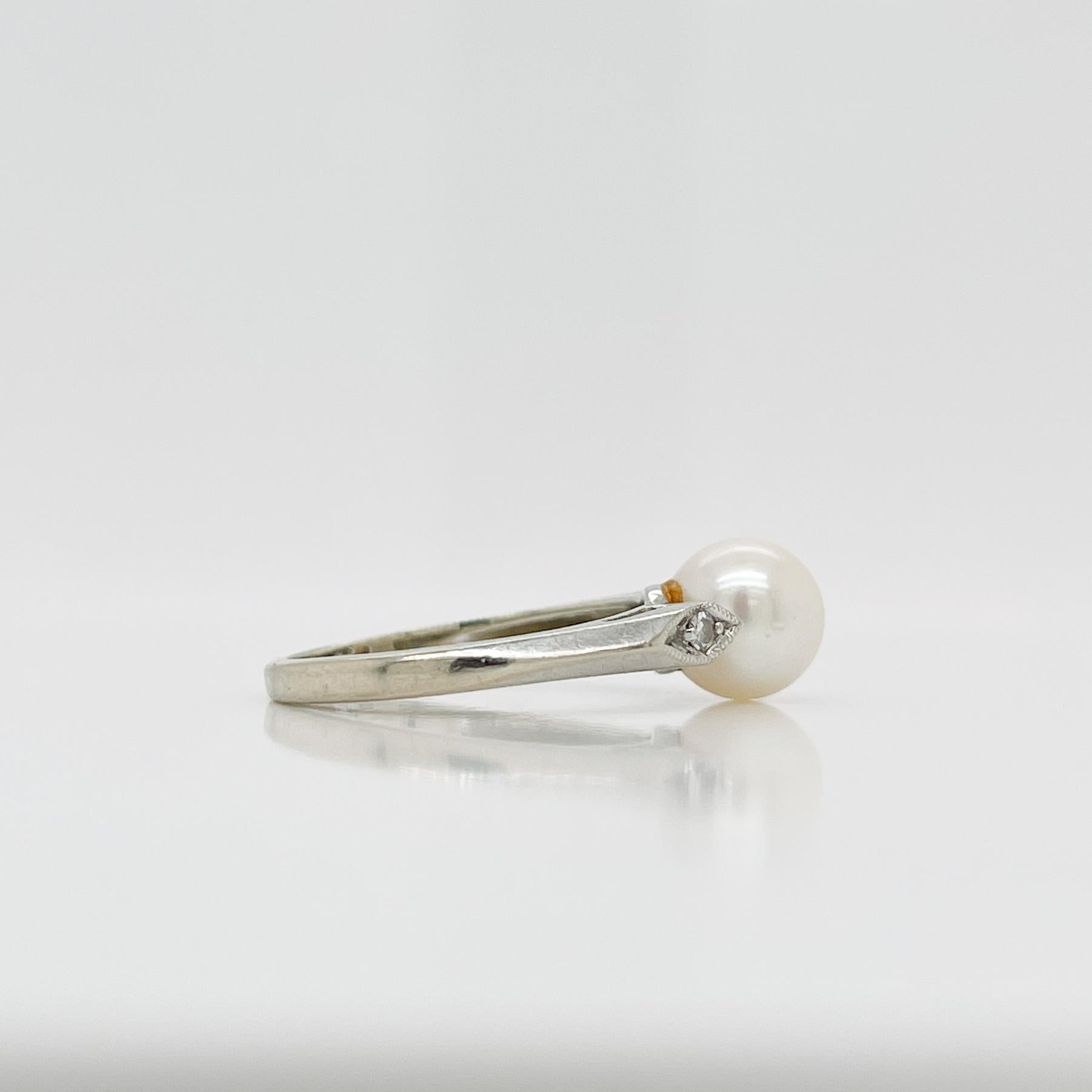 Women's or Men's Signed Mid-Century Pearl, Diamond, & 14 Karat White Gold Cocktail Ring For Sale