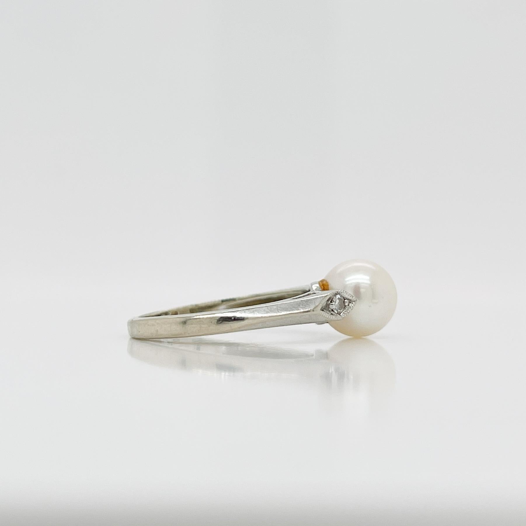 Signed Mid-Century Pearl, Diamond, & 14 Karat White Gold Cocktail Ring For Sale 1