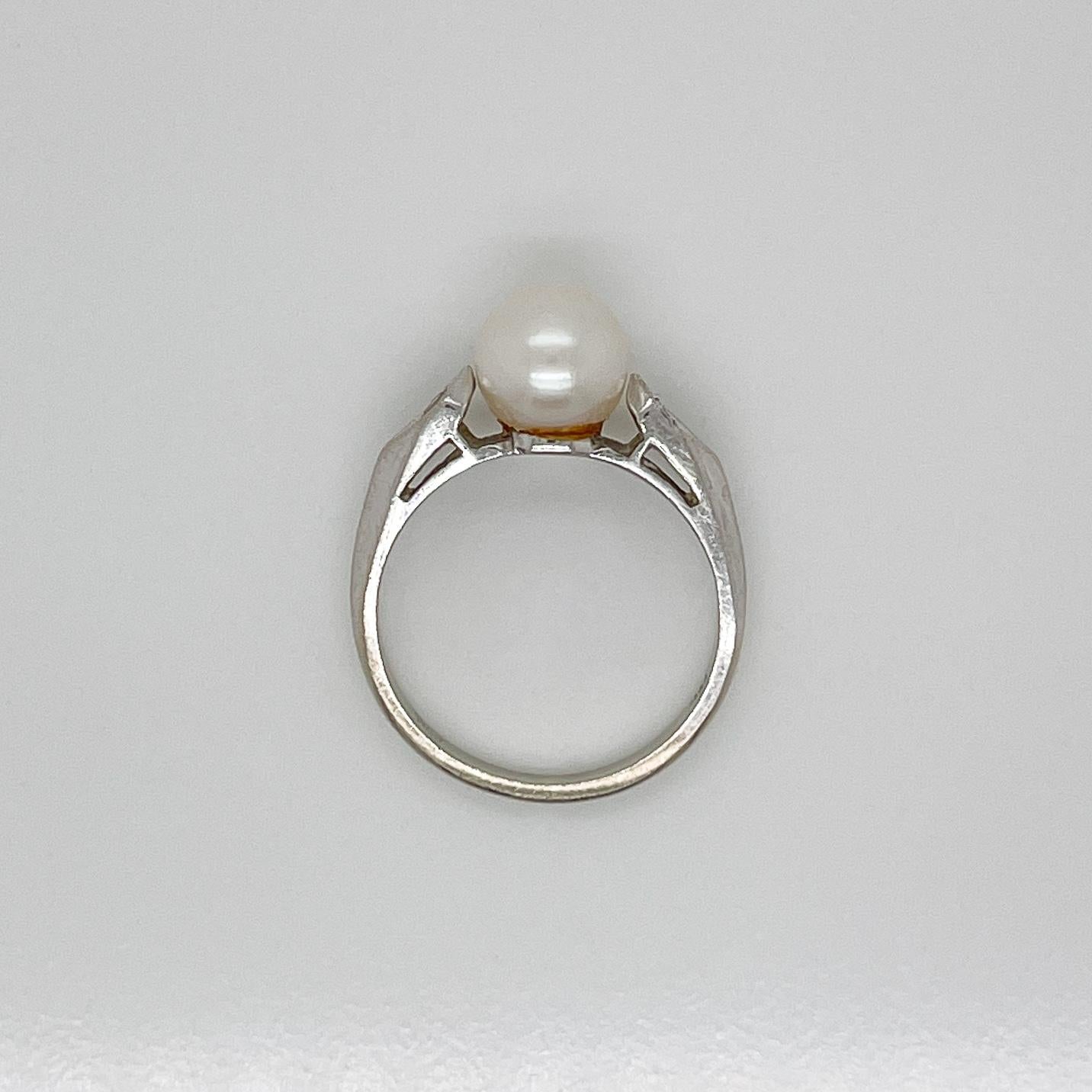 Signed Mid-Century Pearl, Diamond, & 14 Karat White Gold Cocktail Ring For Sale 1