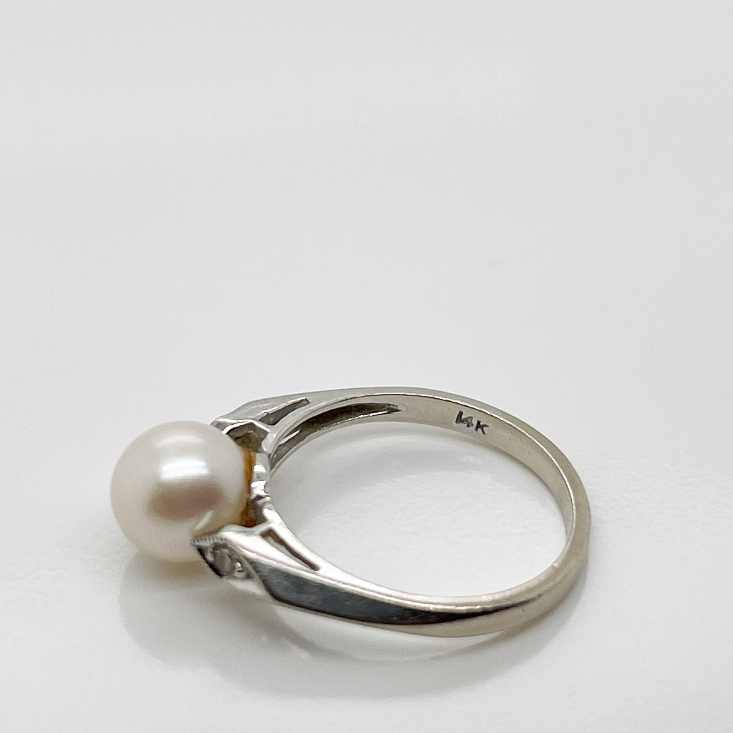 Signed Mid-Century Pearl, Diamond, & 14 Karat White Gold Cocktail Ring For Sale 2