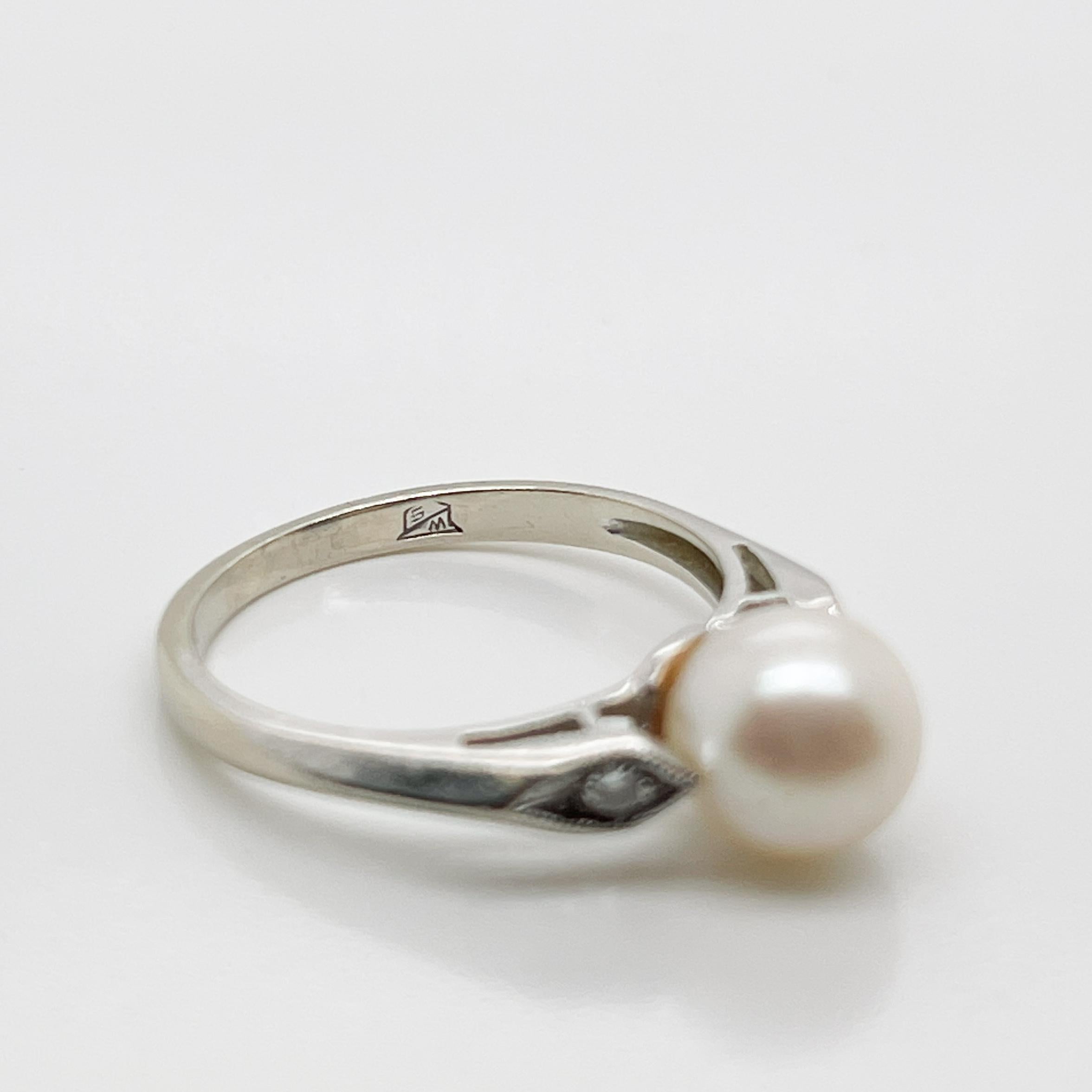 Signed Mid-Century Pearl, Diamond, & 14 Karat White Gold Cocktail Ring For Sale 4