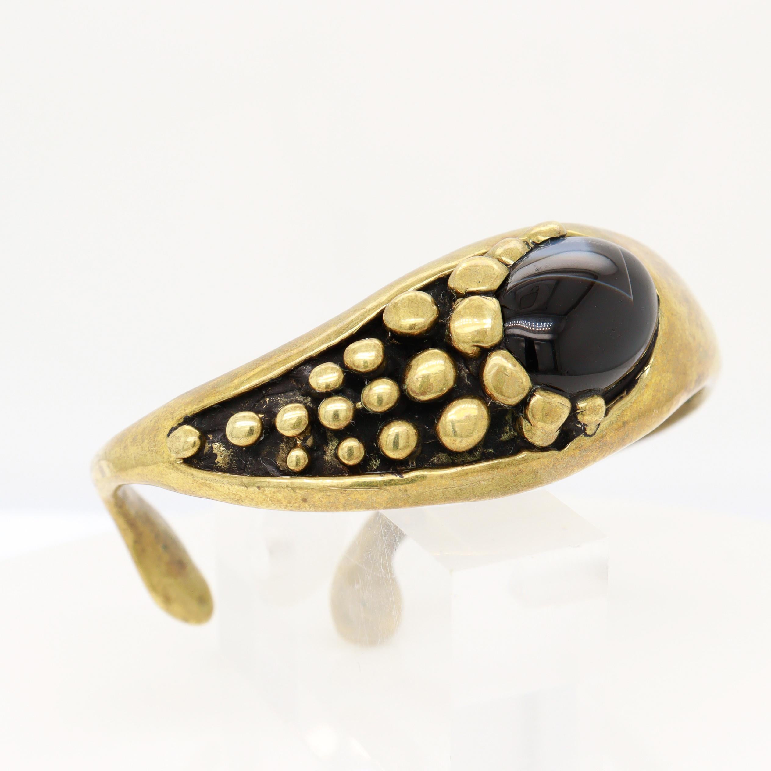 Signed Mid-Century Stephen Burr Brutalist Cast Brass & Agate Cabochon Bracelet For Sale 6